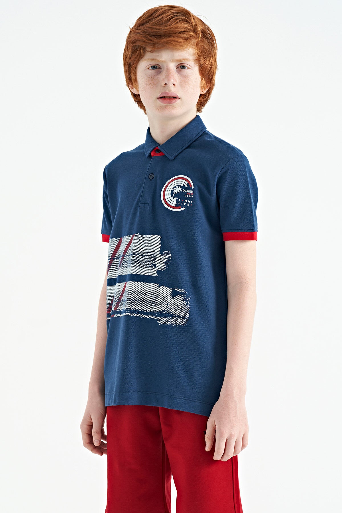 Indigo Print Detailed Polo Collar Standard Fit Boys' T-Shirt - 11094