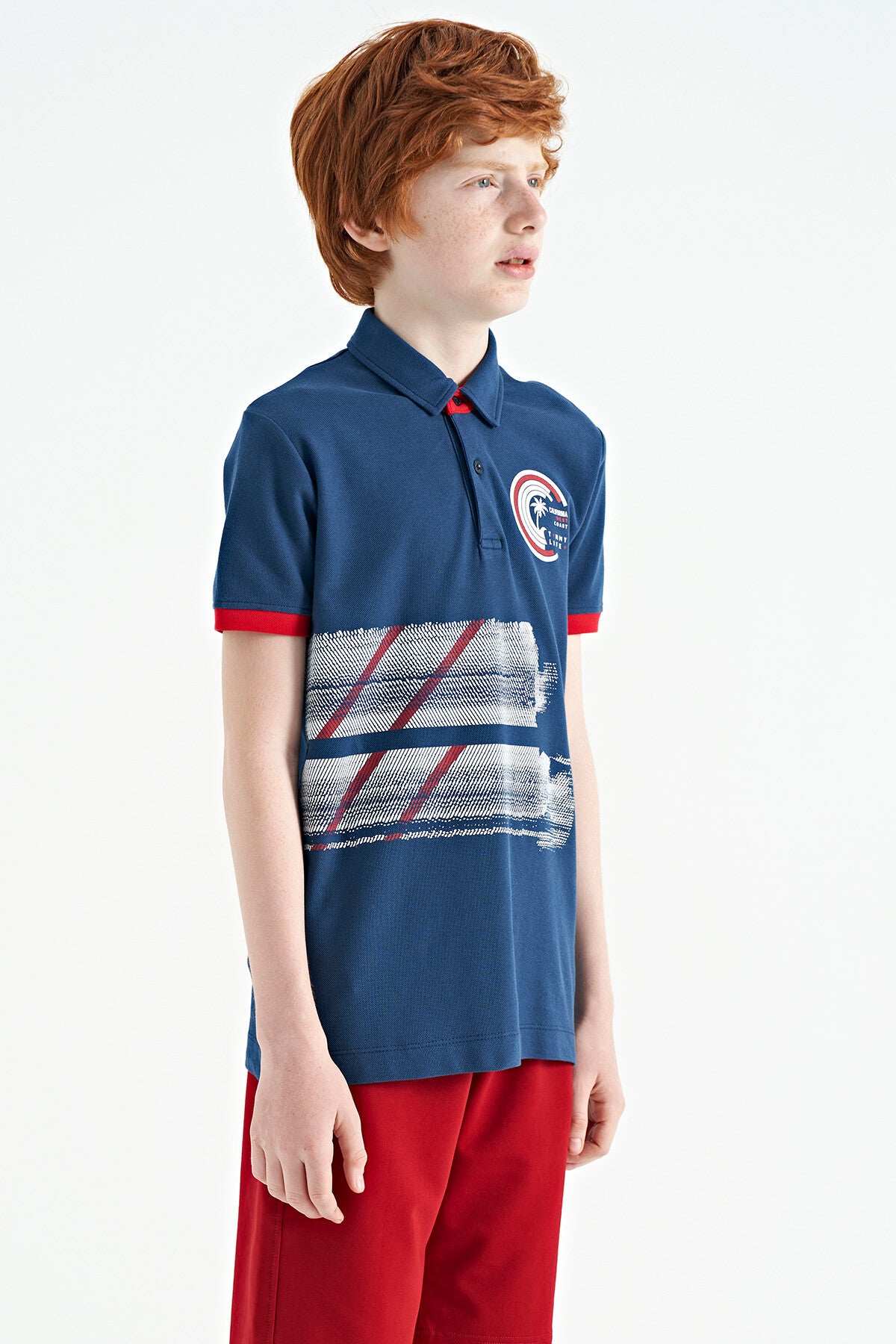 Indigo Print Detailed Polo Collar Standard Fit Boys' T-Shirt - 11094