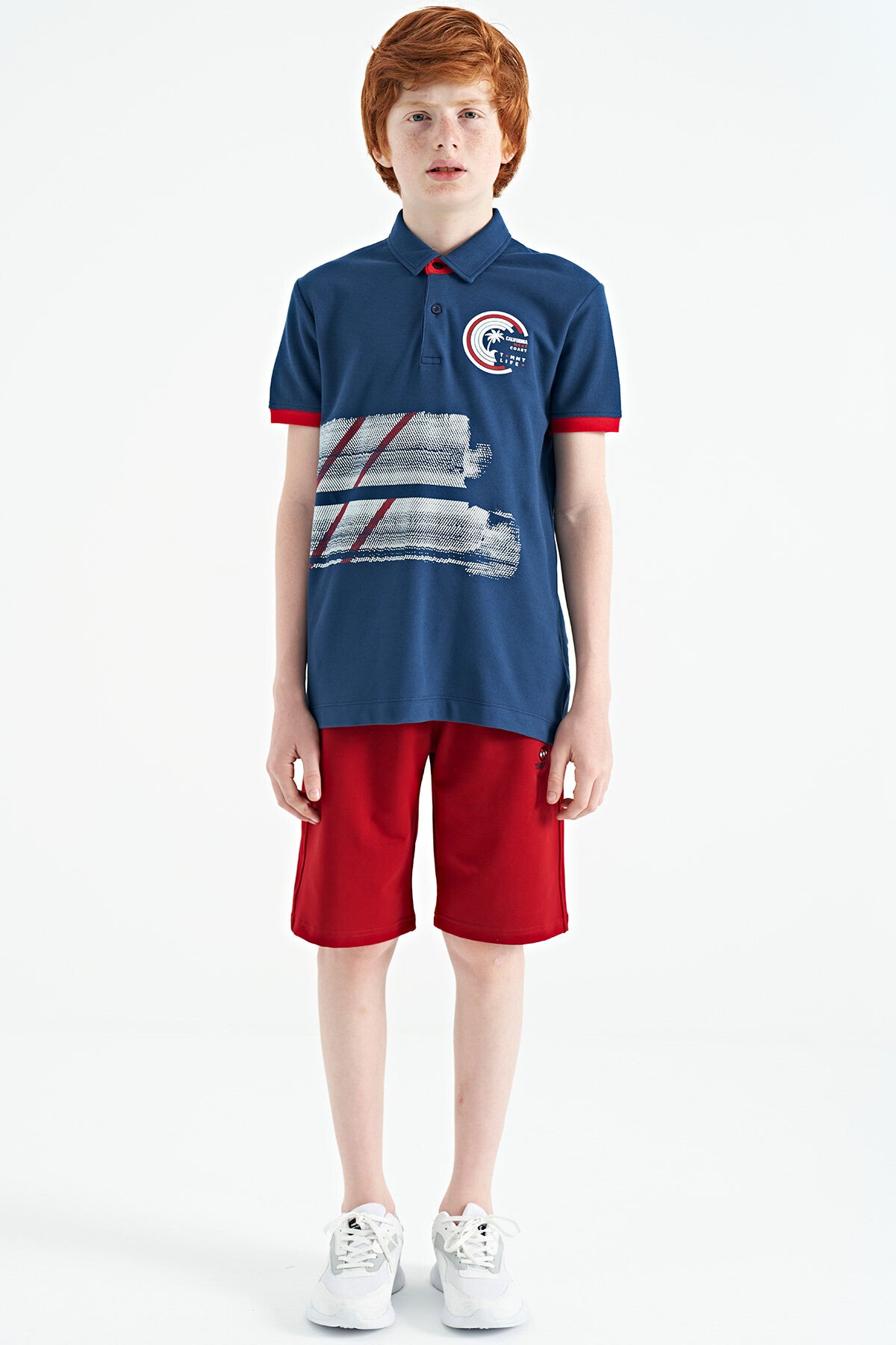 Indigo Print Detailed Polo Collar Standard Fit Boys' T-Shirt - 11094