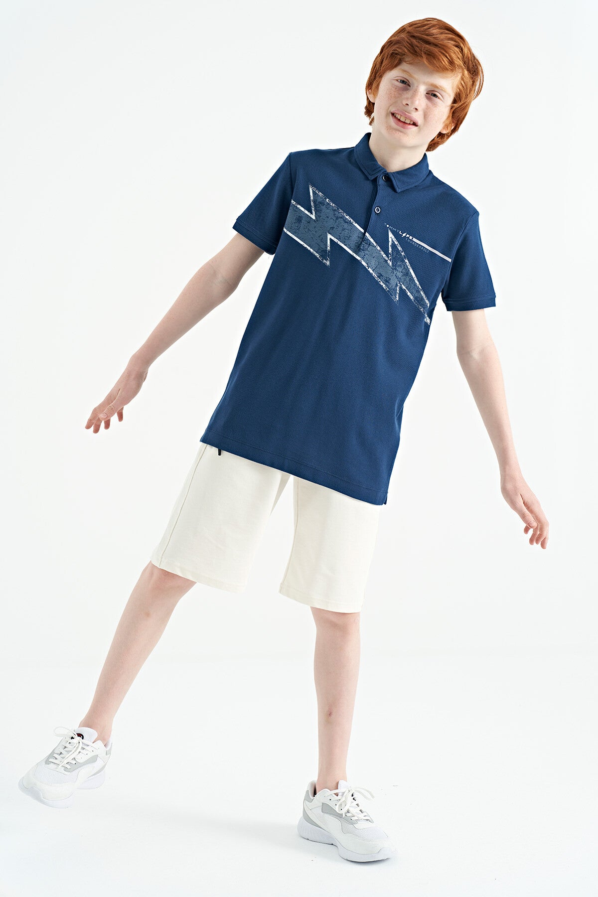 Indigo Print Detailed Standard Fit Polo Collar Boys T-Shirt - 11154