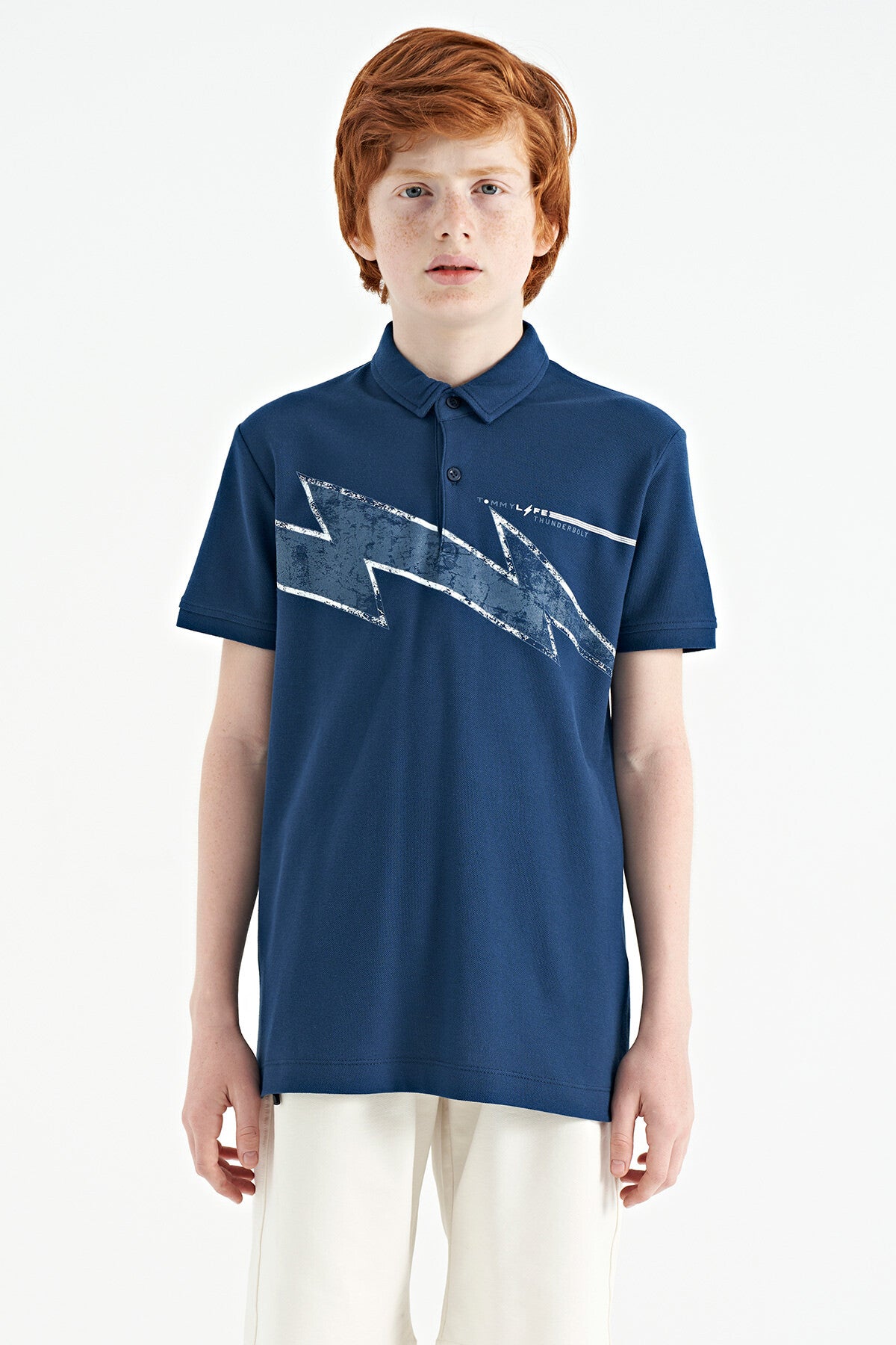 Indigo Print Detailed Standard Fit Polo Collar Boys T-Shirt - 11154
