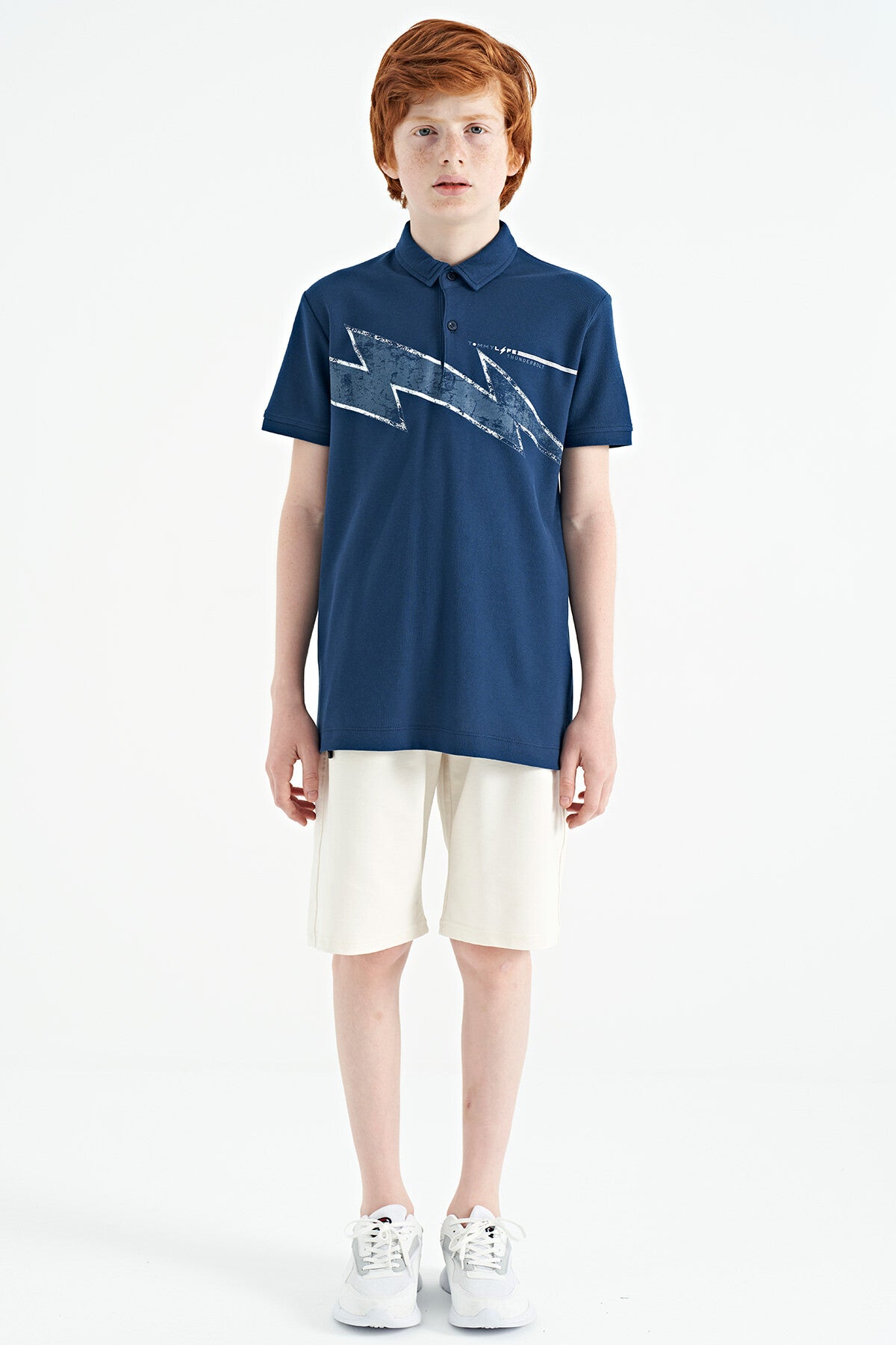 Indigo Print Detailed Standard Fit Polo Collar Boys T-Shirt - 11154