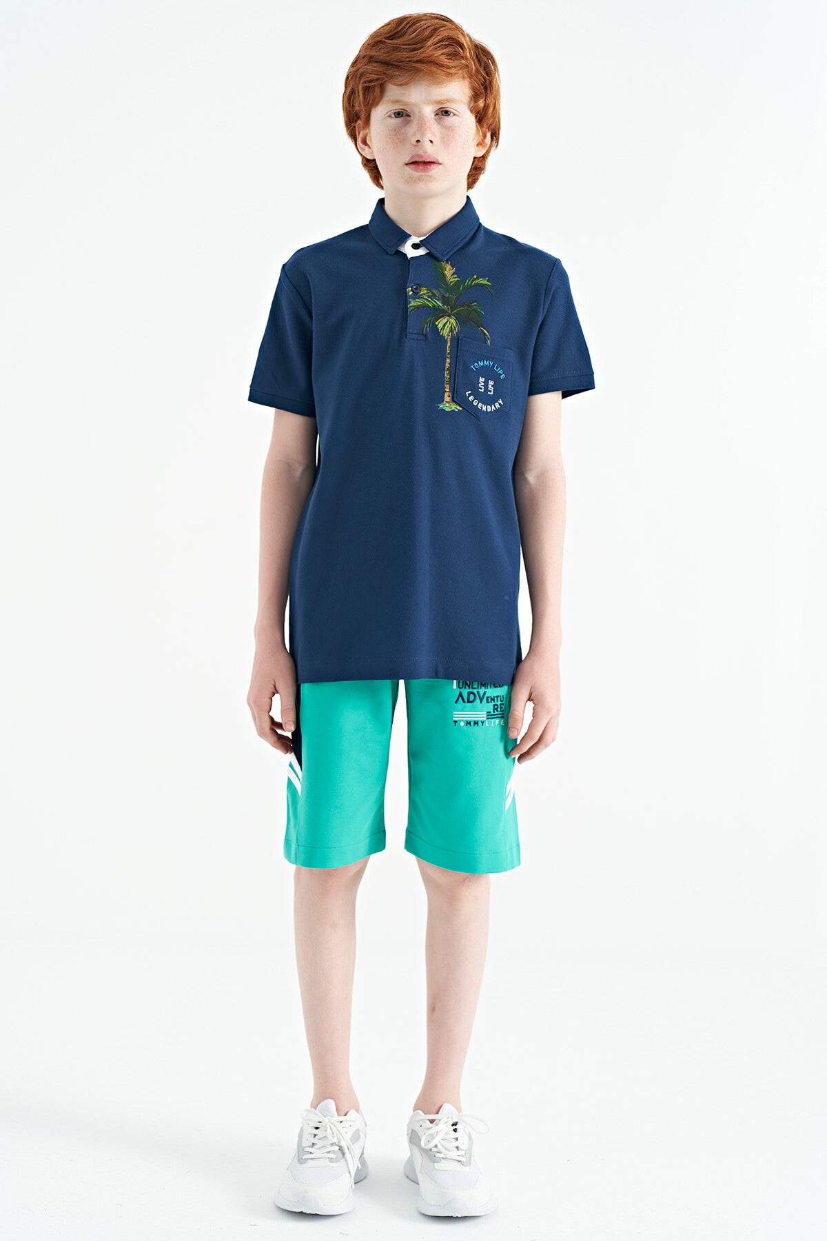 Indigo Printed Pocket Detailed Standard Fit Polo Collar Boys T-Shirt - 11144