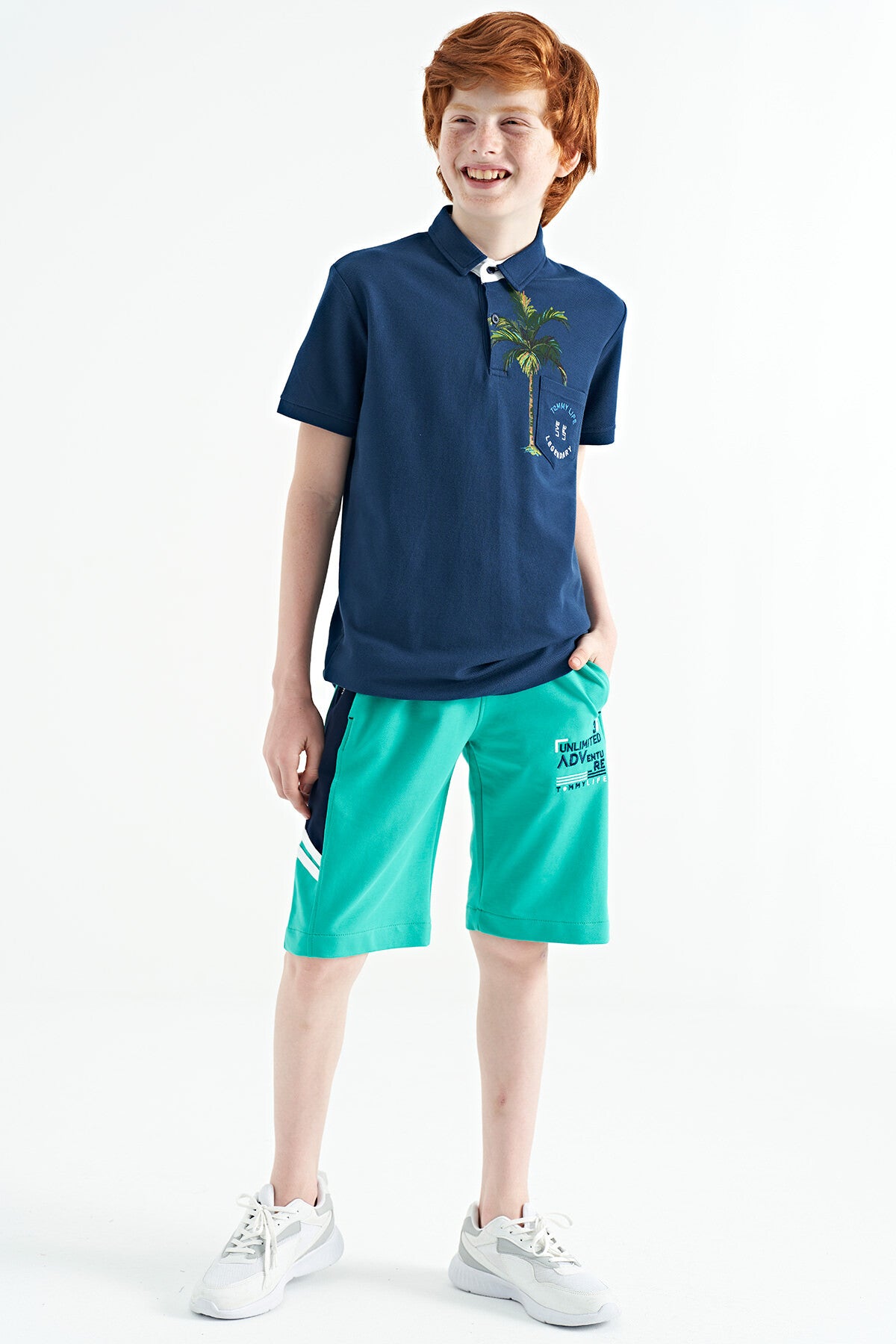 Indigo Printed Pocket Detailed Standard Fit Polo Collar Boys T-Shirt - 11144