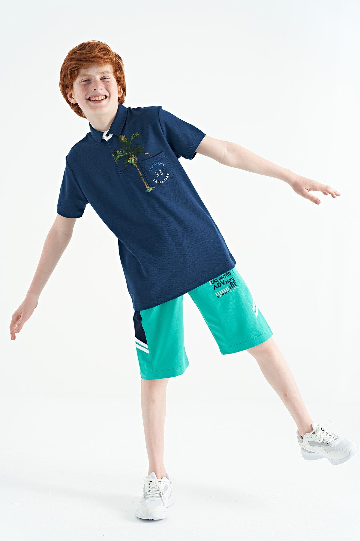 Indigo Printed Pocket Detailed Standard Fit Polo Collar Boys T-Shirt - 11144