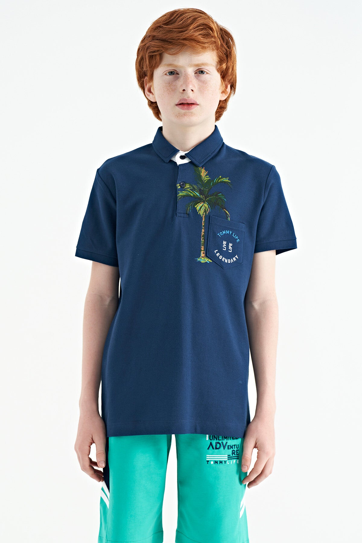 Indigo Printed Pocket Detailed Standard Fit Polo Collar Boys T-Shirt - 11144
