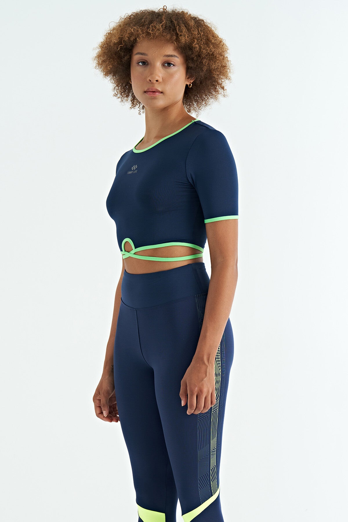 Indigo Tie-Waist Detailed O Neck Standard Fit Diver Fabric Women's Crop T-Shirt - 97266