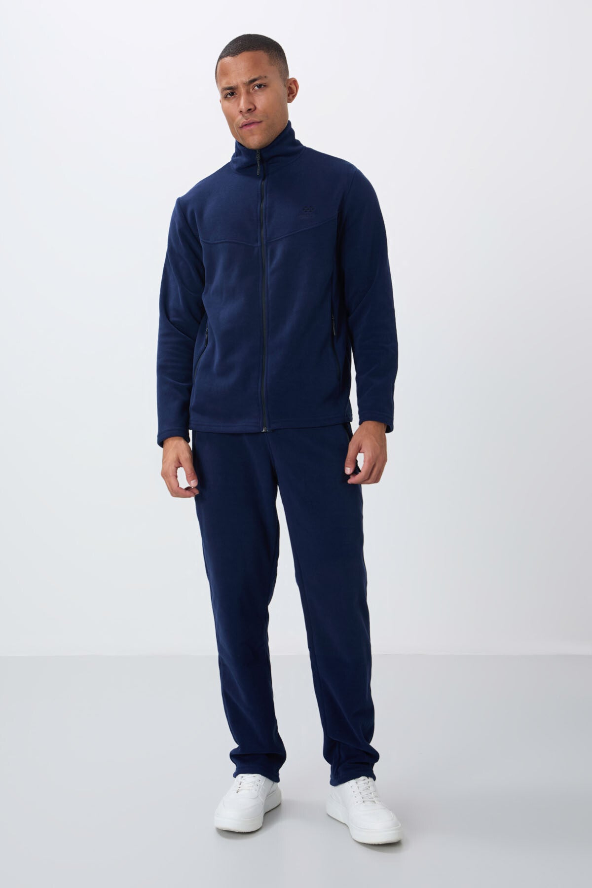 Indigo Blue High Collar Basic Zippered Pocket Standard Fit Men's Fleece Tracksuit Set - 85193