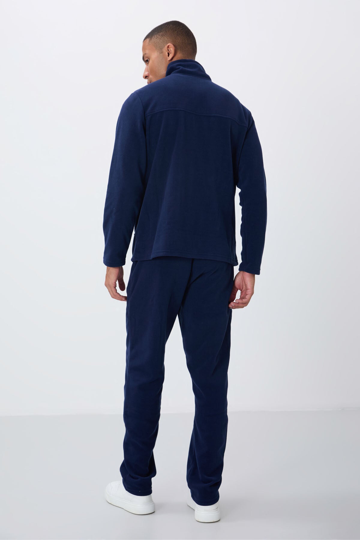 Indigo Blue High Collar Basic Zippered Pocket Standard Fit Men's Fleece Tracksuit Set - 85193