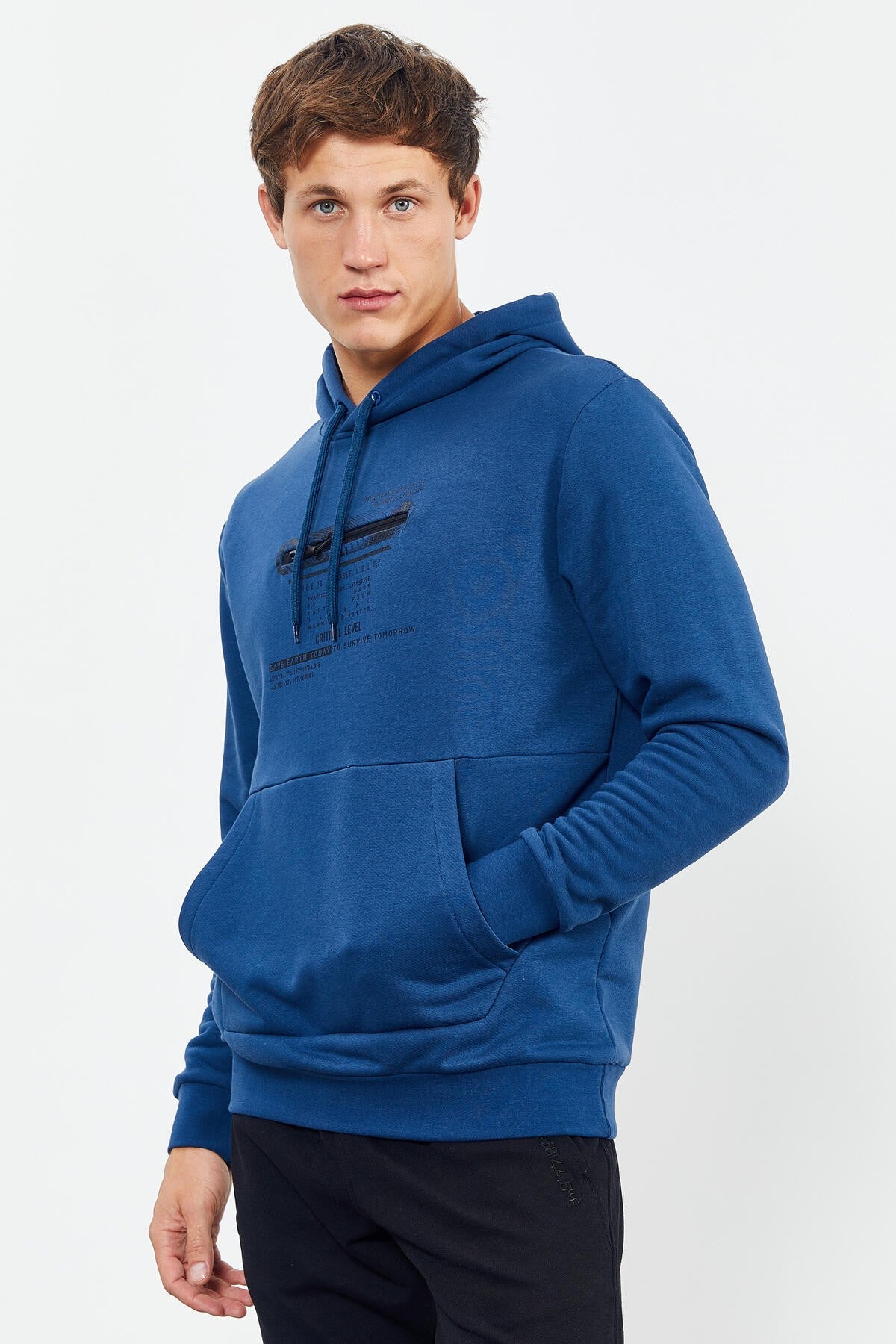 Indigo Printed Hooded Kangaroo Pocket Comfort Fit Men's Sweatshirt - 88019