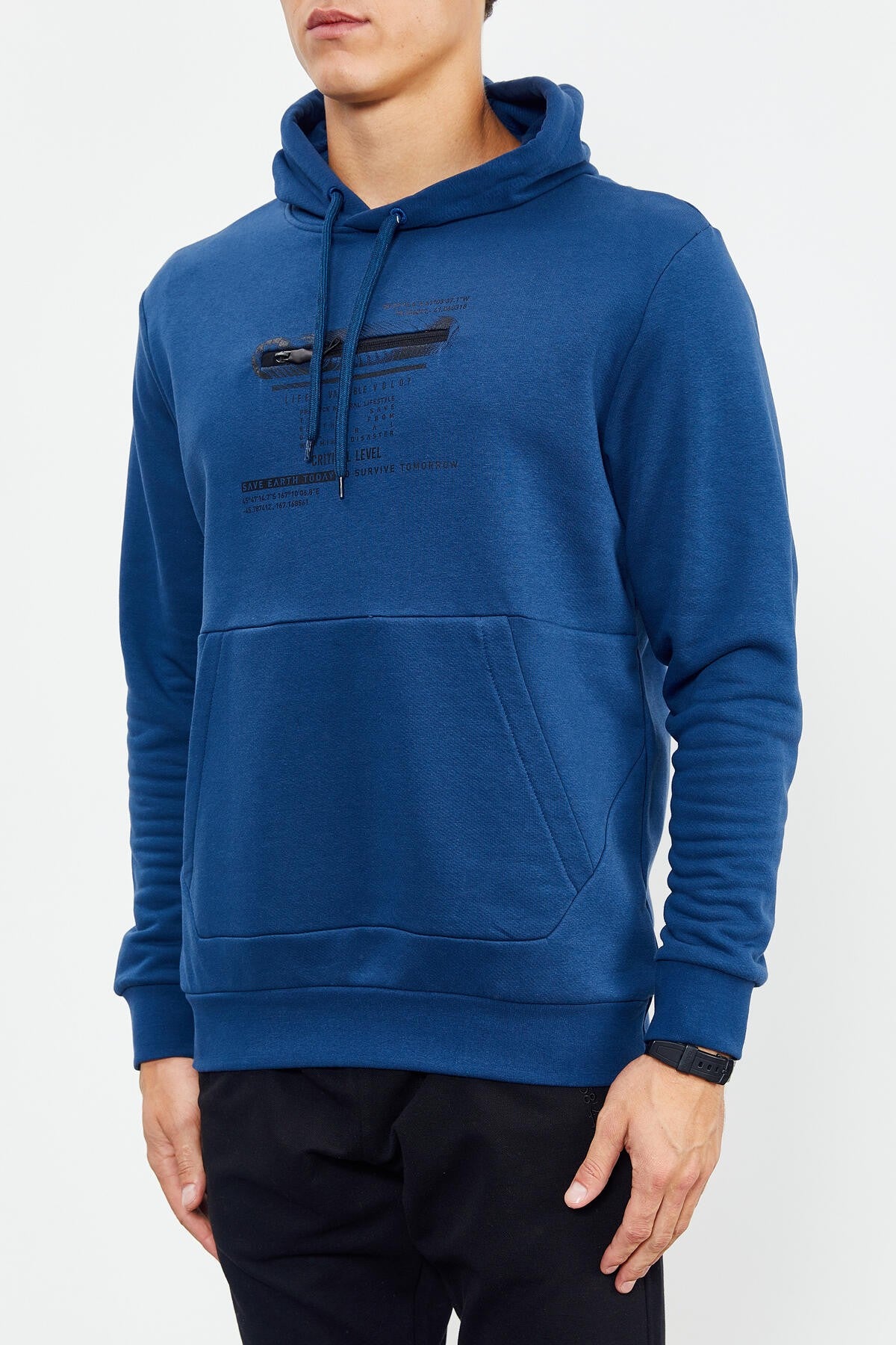 Indigo Printed Hooded Kangaroo Pocket Comfort Fit Men's Sweatshirt - 88019