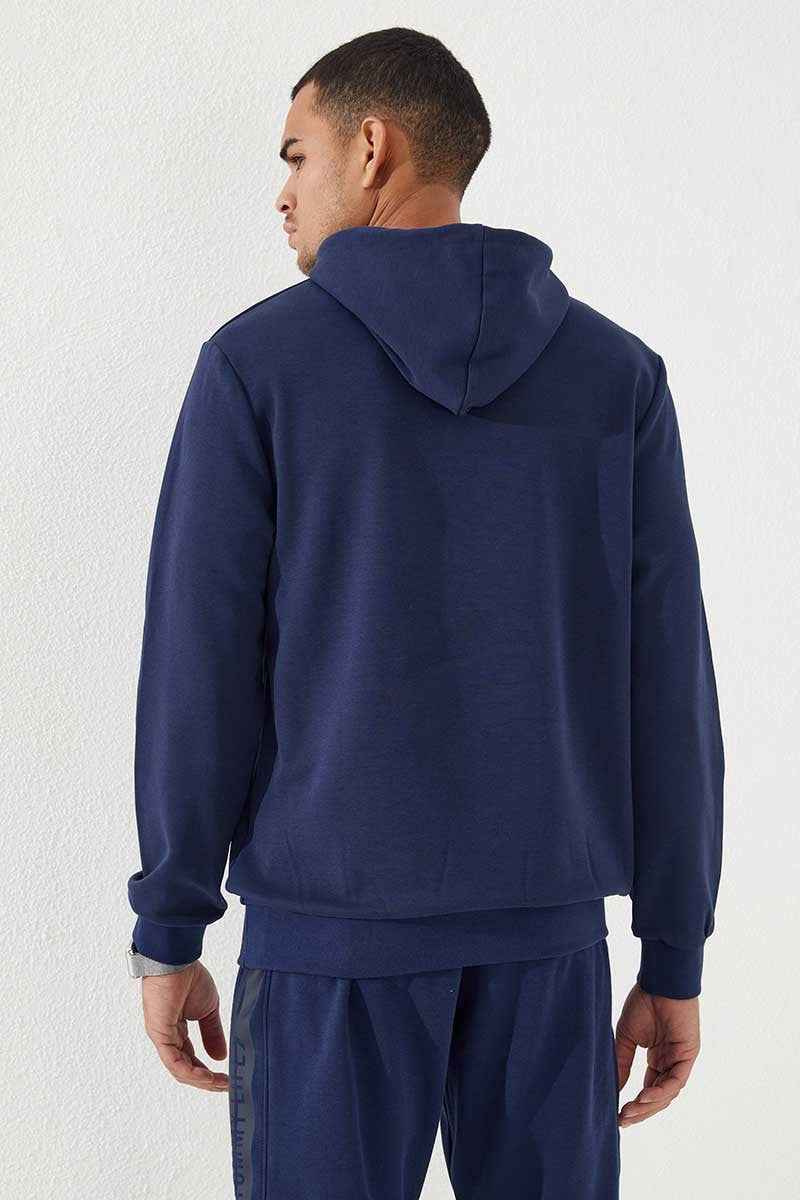 Indigo Camouflage Pattern Printed Standard Fit Hooded Men's Sweatshirt - 87884
