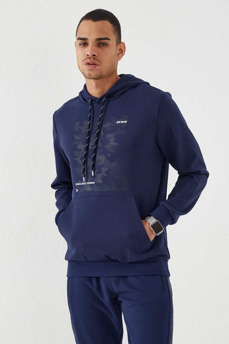 Indigo Camouflage Pattern Printed Standard Fit Hooded Men's Sweatshirt - 87884