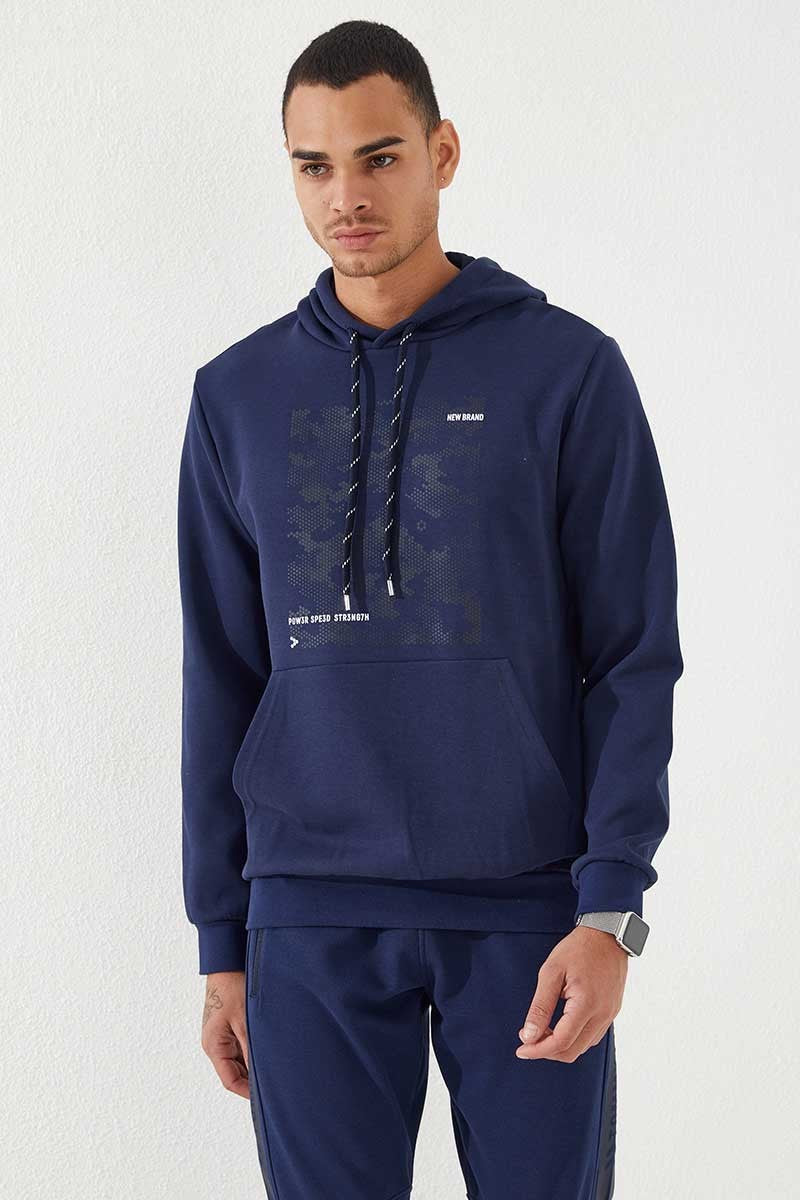 Indigo Camouflage Pattern Printed Standard Fit Hooded Men's Sweatshirt - 87884