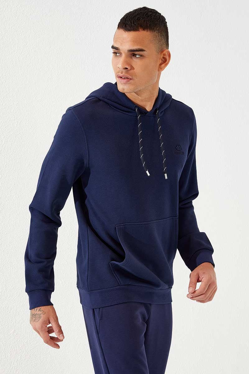 Indigo Kangaroo Pocket Standard Fit Hooded Men's Sweatshirt - 87872