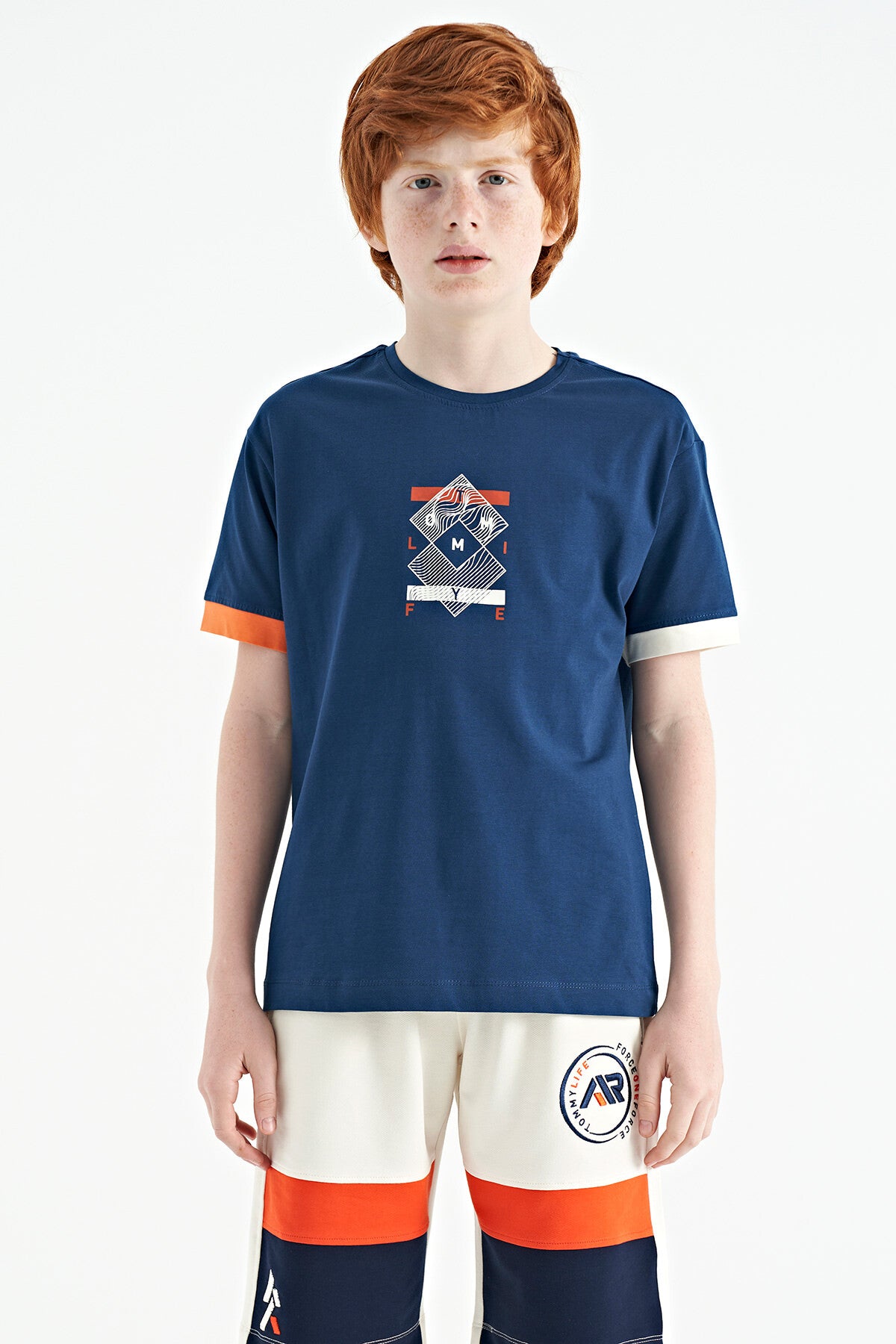 Indigo Cuff Colored Detailed Printed Oversize Boys' T-Shirt - 11137