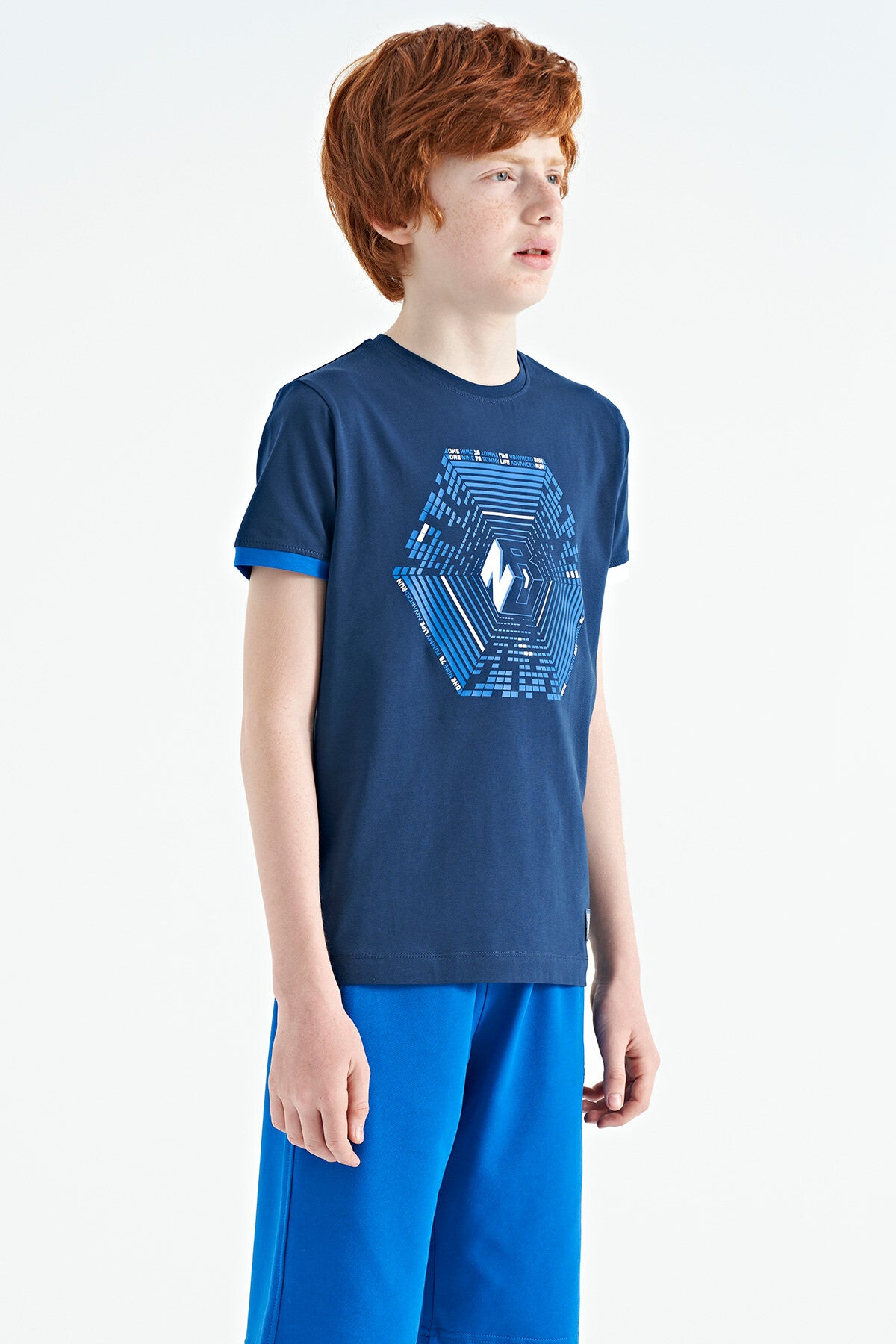 Indigo Cuff Colored Detailed Printed Standard Fit Boys' T-Shirt - 11156