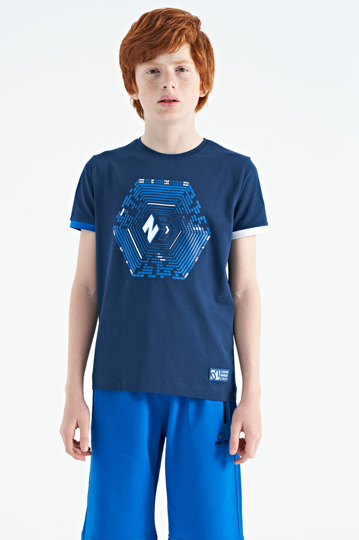 Indigo Cuff Colored Detailed Printed Standard Fit Boys' T-Shirt - 11156