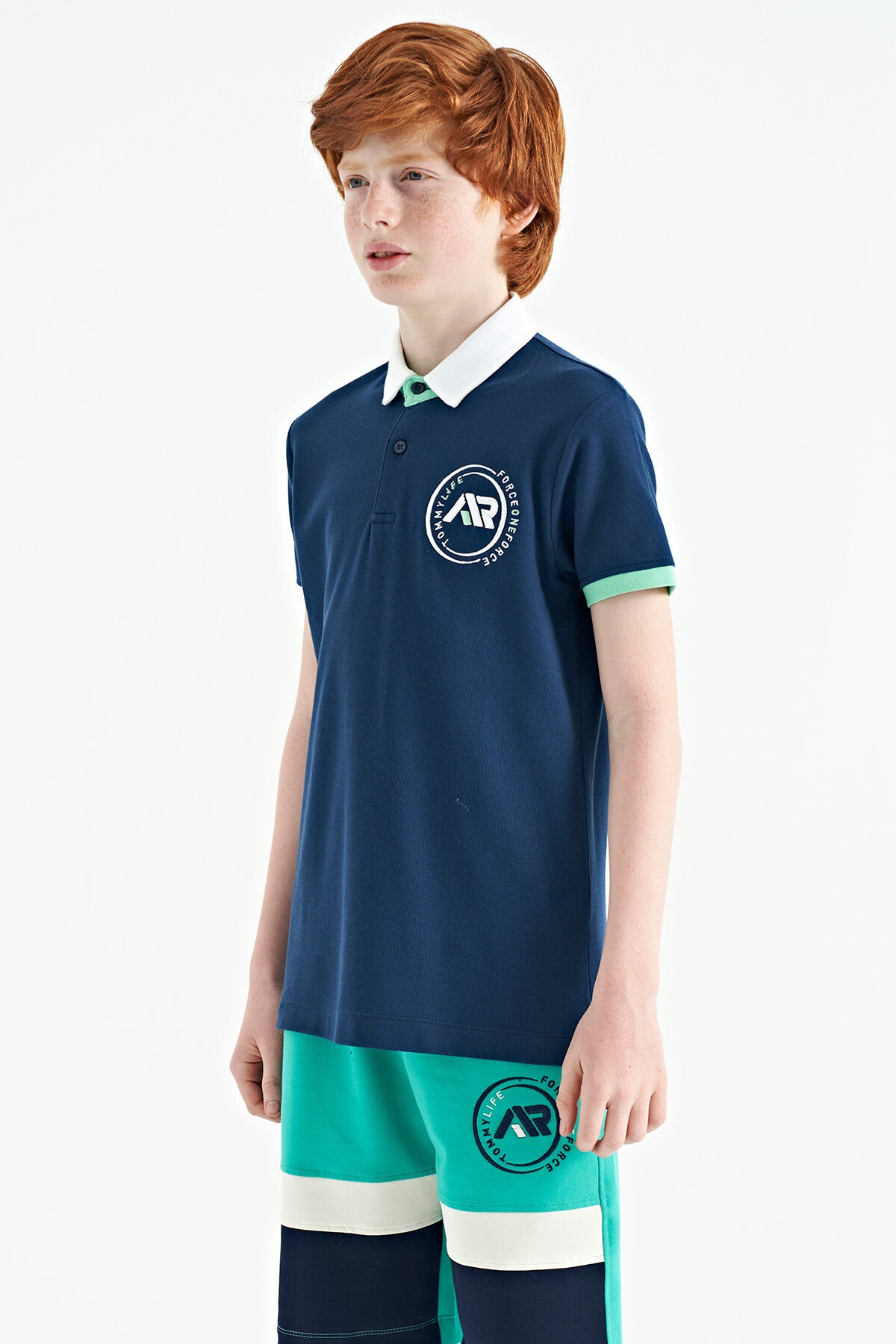 Indigo Cuff Colored Logo Embroidered Standard Fit Polo Collar Boys T-Shirt - 11138