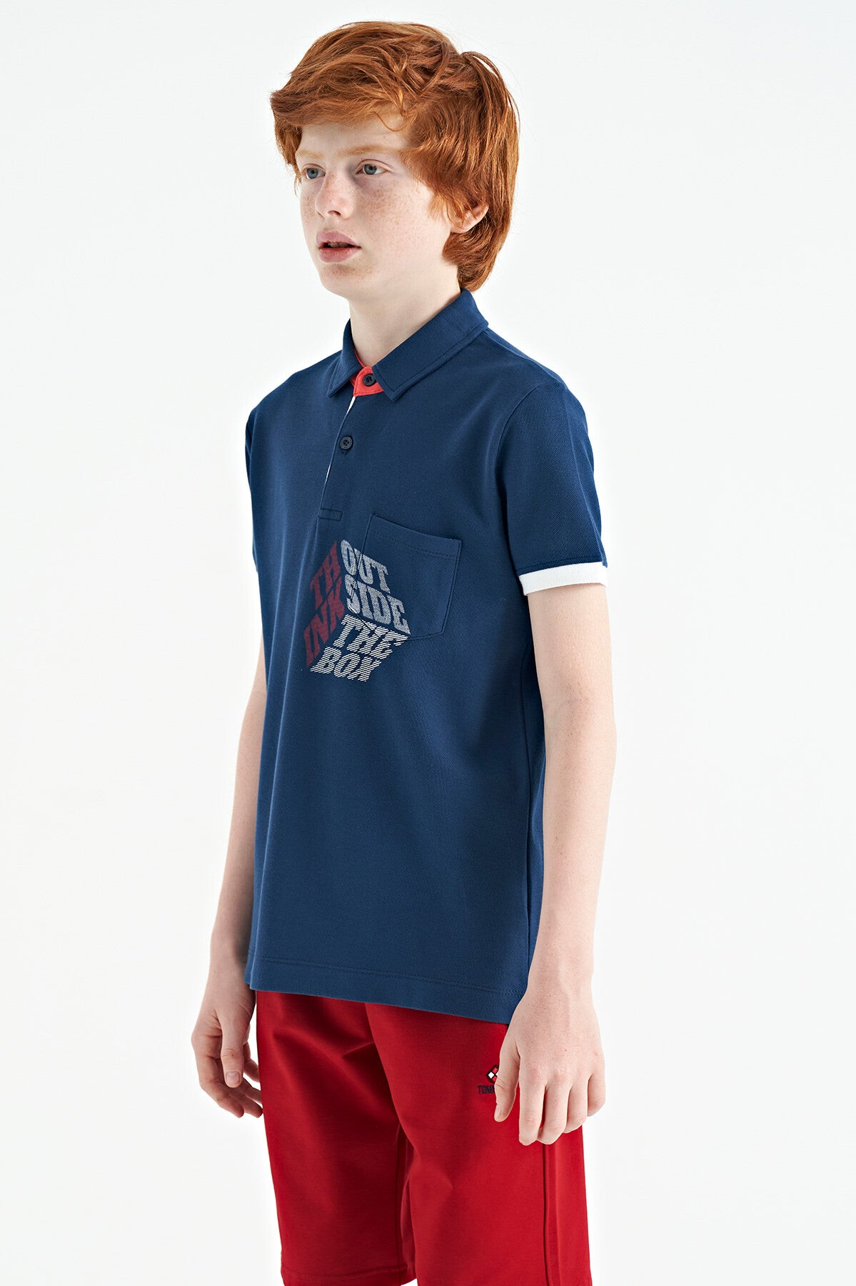 Indigo Front Pocket Detailed Print Standard Fit Polo Collar Boys T-Shirt - 11102
