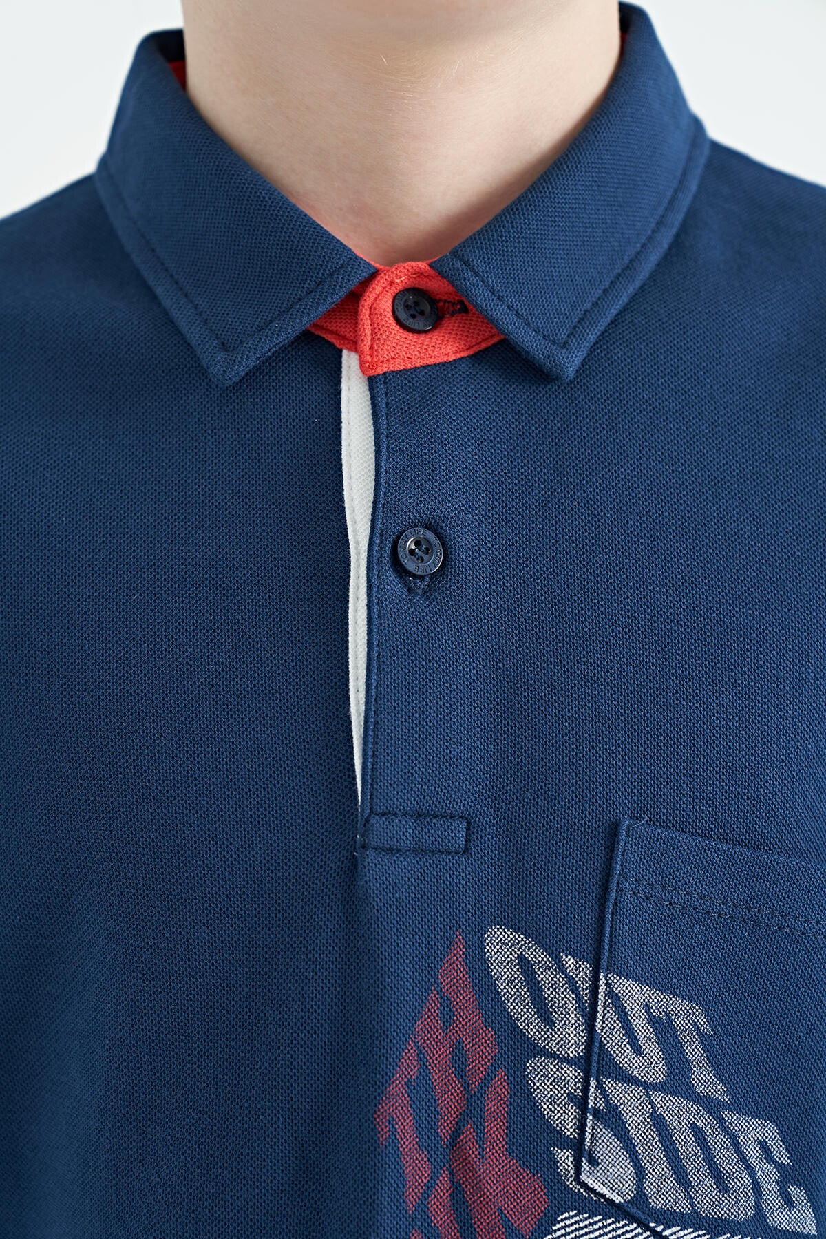 Indigo Front Pocket Detailed Print Standard Fit Polo Collar Boys T-Shirt - 11102