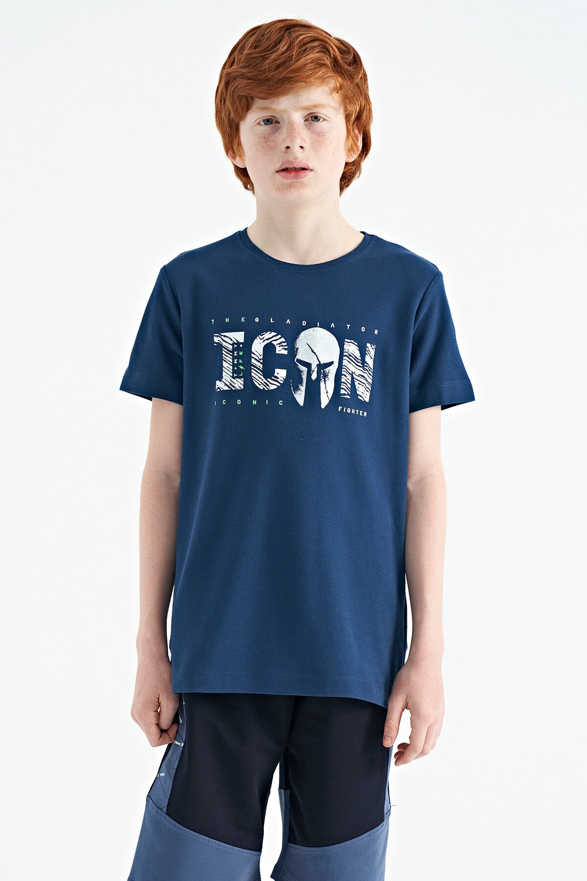 Indigo Crew Neck Embroidered Standard Fit Boys' T-Shirt - 11118