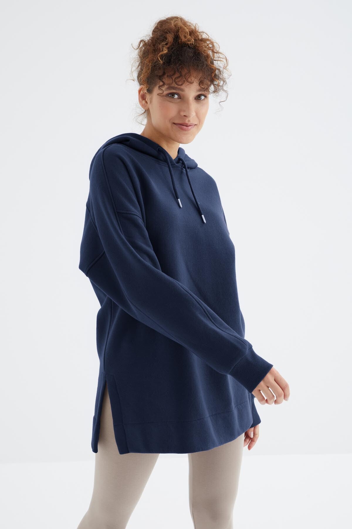 Indigo Raglan Sleeve Basic Hooded Oversize Sweatshirt Tunic - 97242