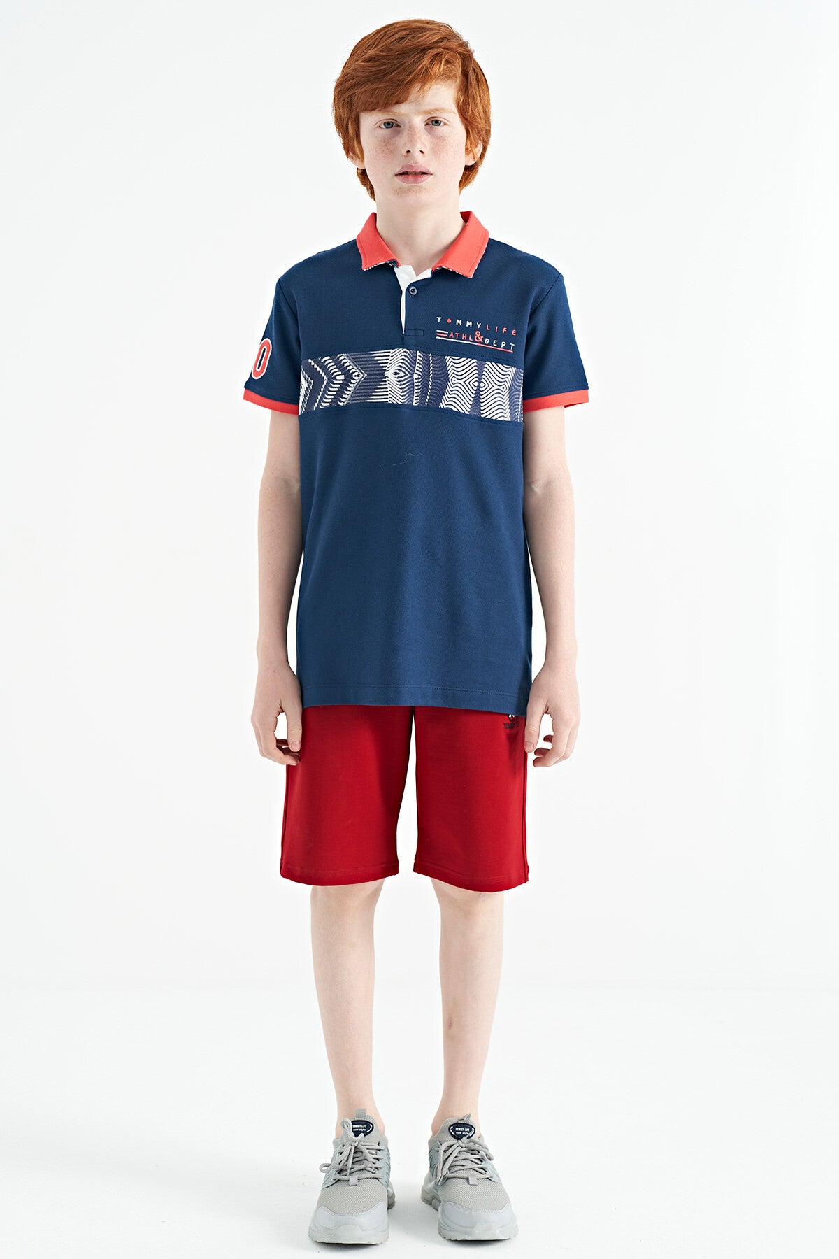 Indigo Striped Print Detailed Polo Collar Standard Cut Boys' T-Shirt - 11162
