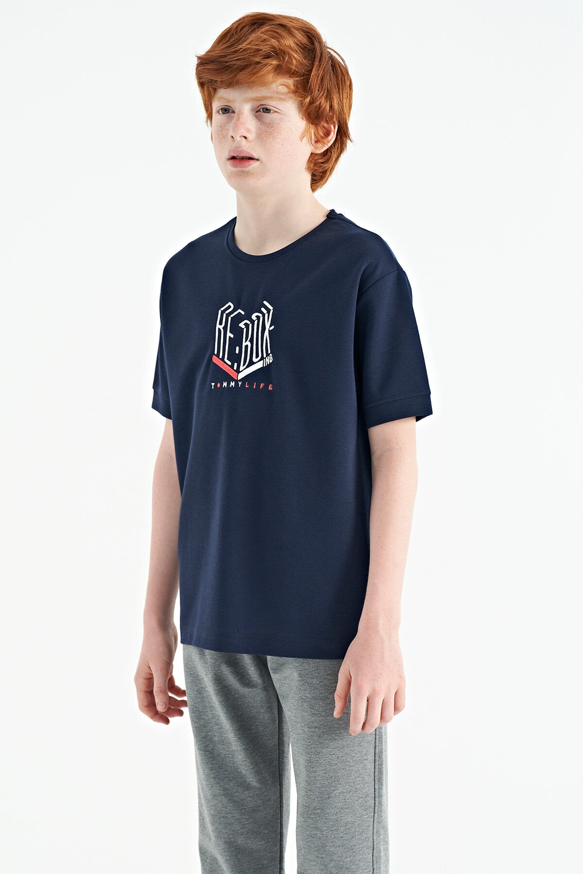 Indigo Embroidered O Collar Oversize Boys' T-Shirt - 11151