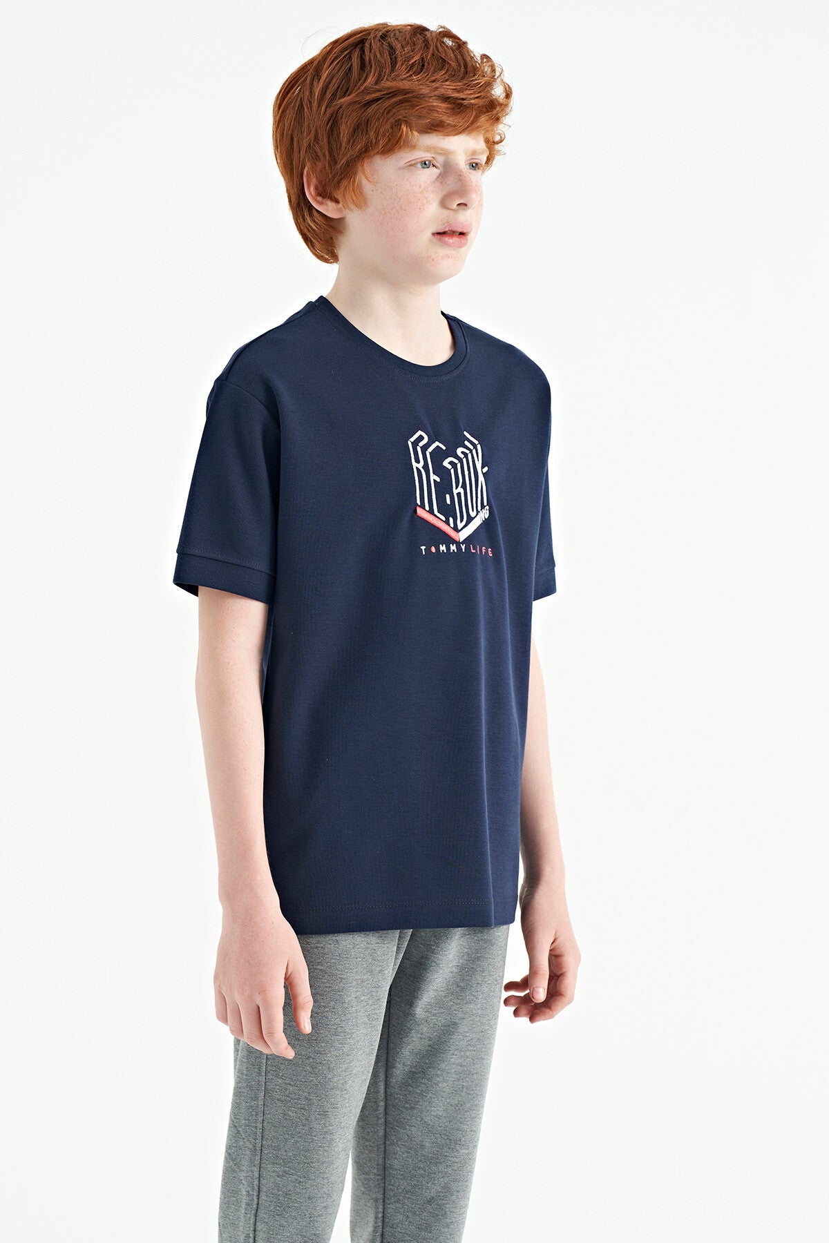 Indigo Embroidered O Collar Oversize Boys' T-Shirt - 11151