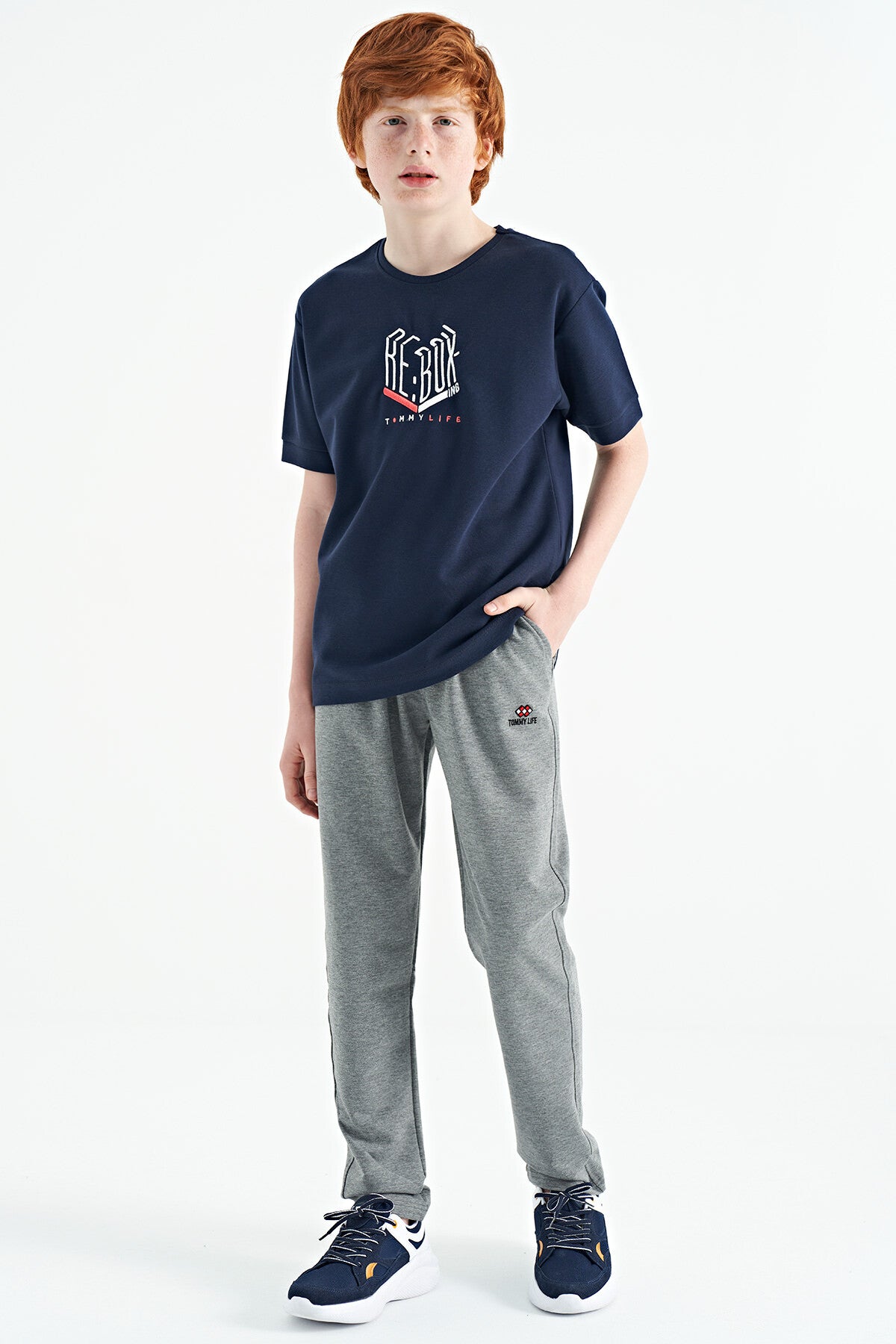 Indigo Embroidered O Collar Oversize Boys' T-Shirt - 11151