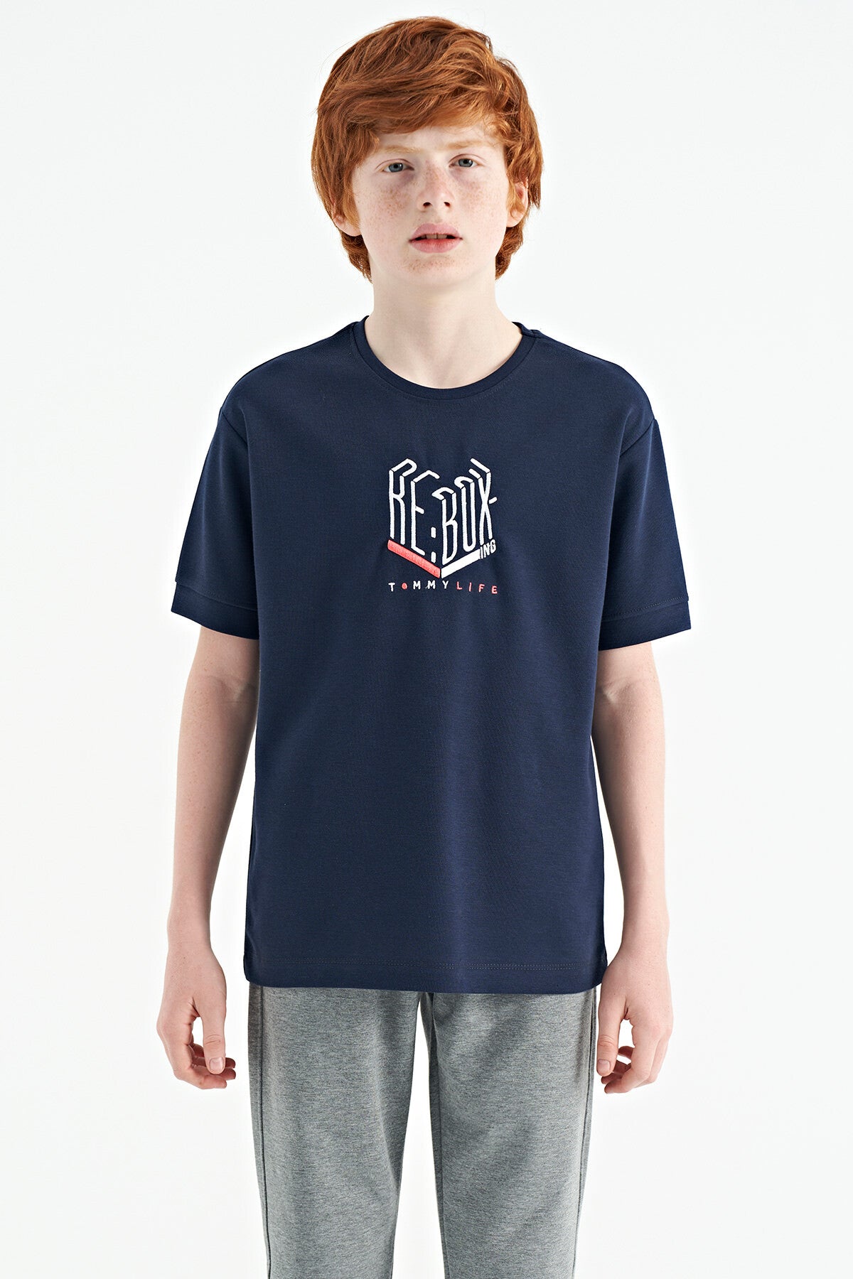 Indigo Embroidered O Collar Oversize Boys' T-Shirt - 11151