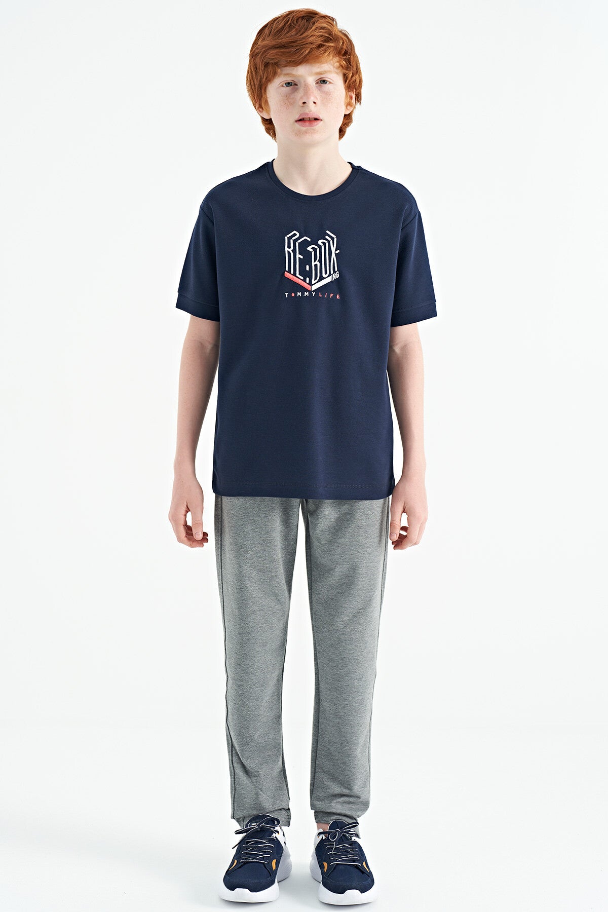 Indigo Embroidered O Collar Oversize Boys' T-Shirt - 11151