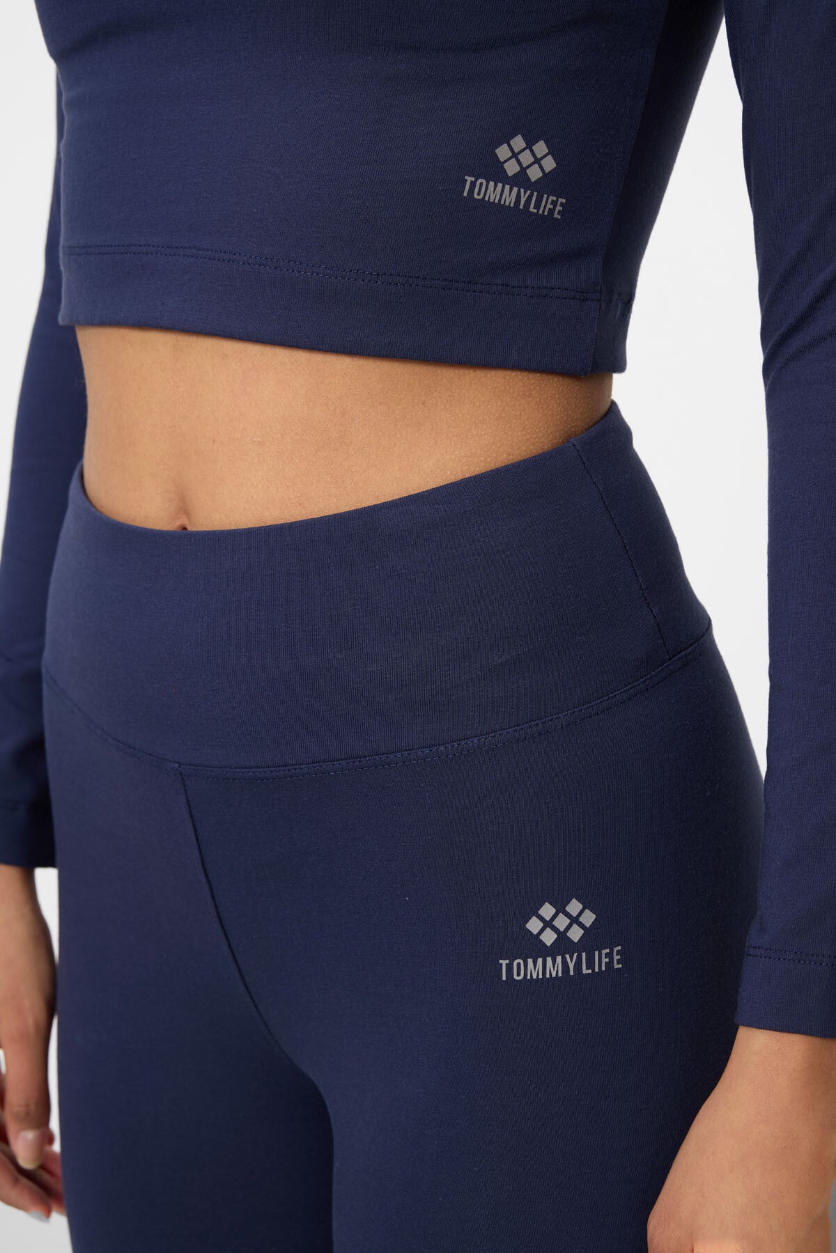 Indigo High Waist Long Sleeve Slim Fit Crop Top Women's Tights Set - 95286