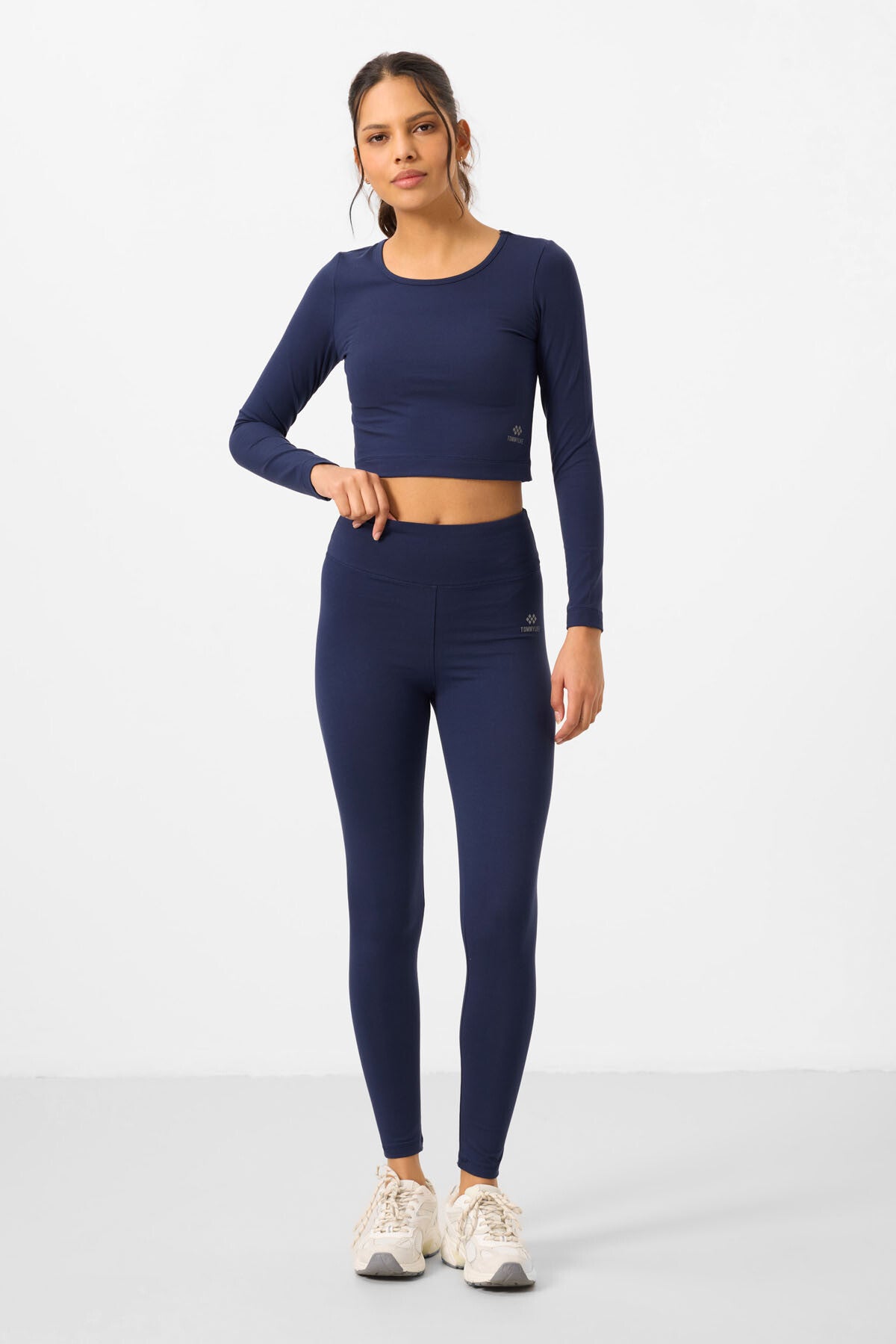 Indigo High Waist Long Sleeve Slim Fit Crop Top Women's Tights Set - 95286