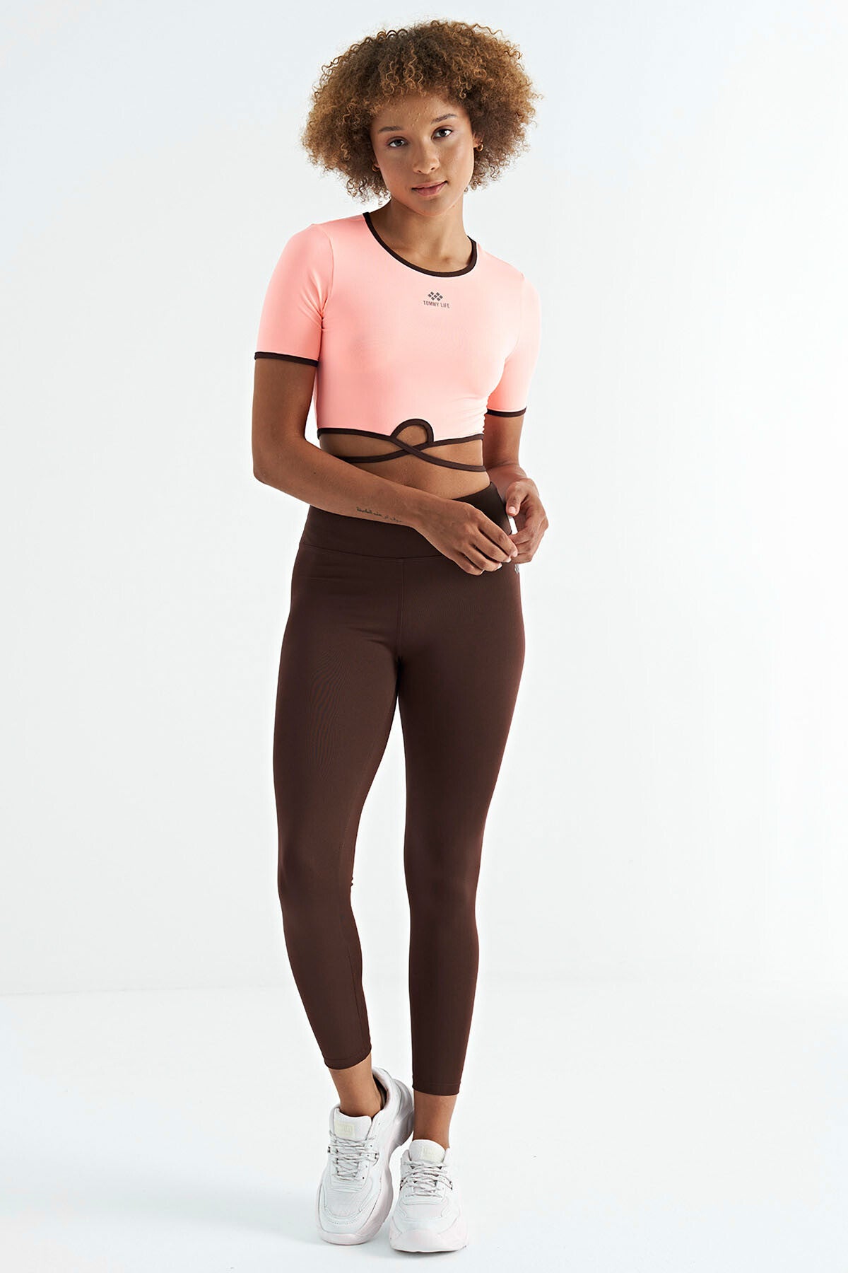 Brown Logo Print Detailed High Waist Scuba Fabric Slim Fit Women's Tights - 94627