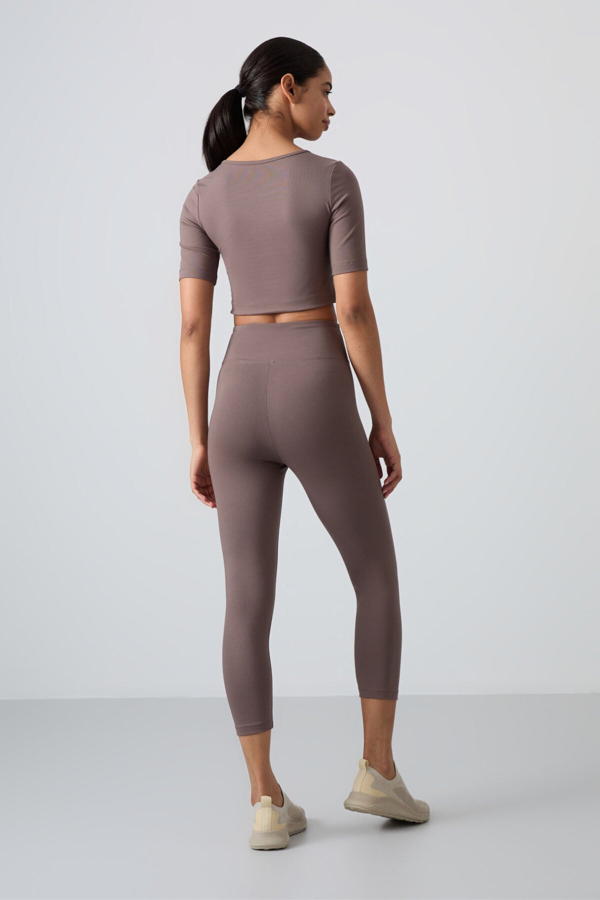 Brown High Waist Capri-Crop T-Shirt Slim Fit Women's Tights Set - 95285