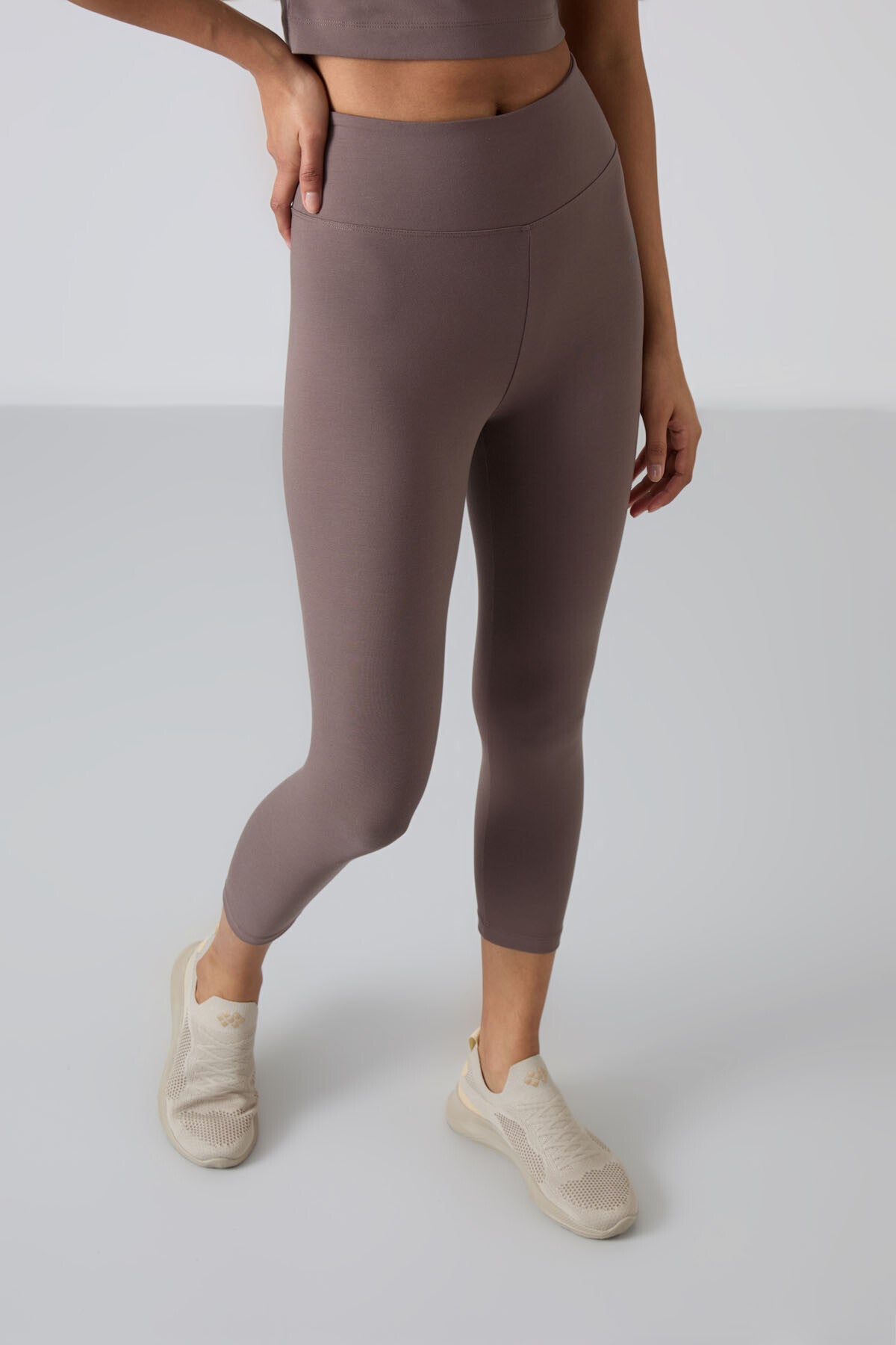 Brown High Waist Capri-Crop T-Shirt Slim Fit Women's Tights Set - 95285