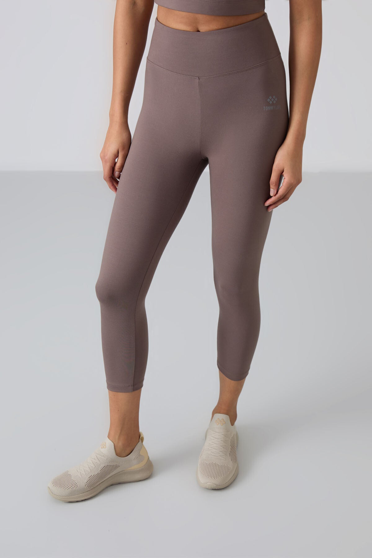 Brown High Waist Capri-Crop T-Shirt Slim Fit Women's Tights Set - 95285
