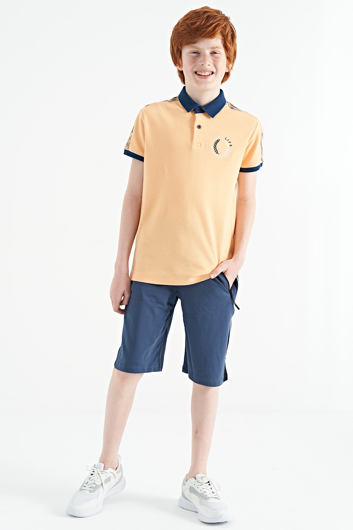 Melon Inside Print Detailed Polo Collar Standard Pattern Boys T-Shirt - 11166