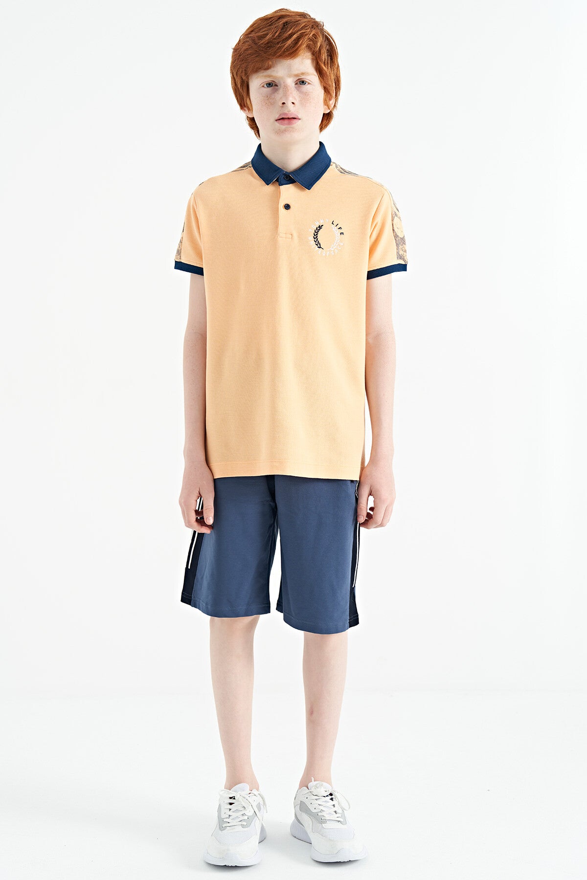 Melon Inside Print Detailed Polo Collar Standard Pattern Boys T-Shirt - 11166