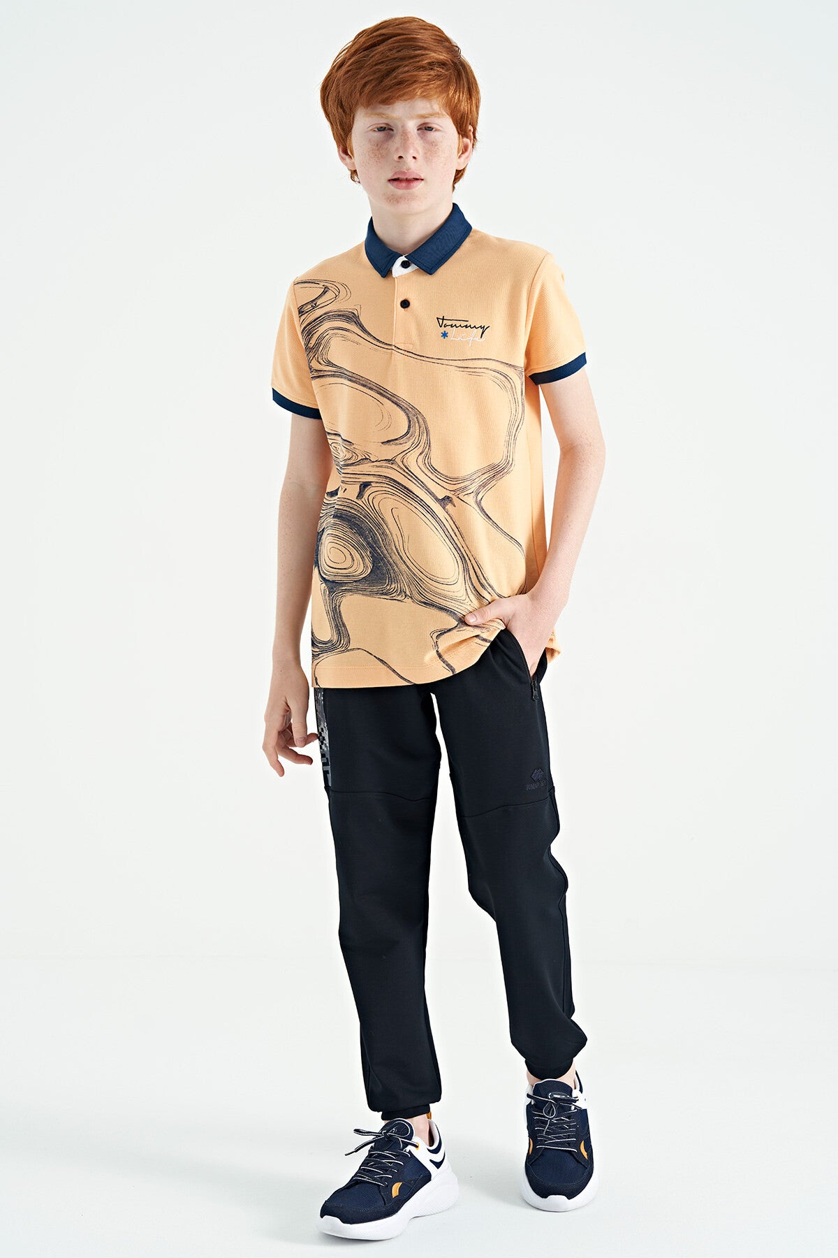 Melon Inside Print Detailed Standard Mold Polo Collar Boys T-Shirt - 11165