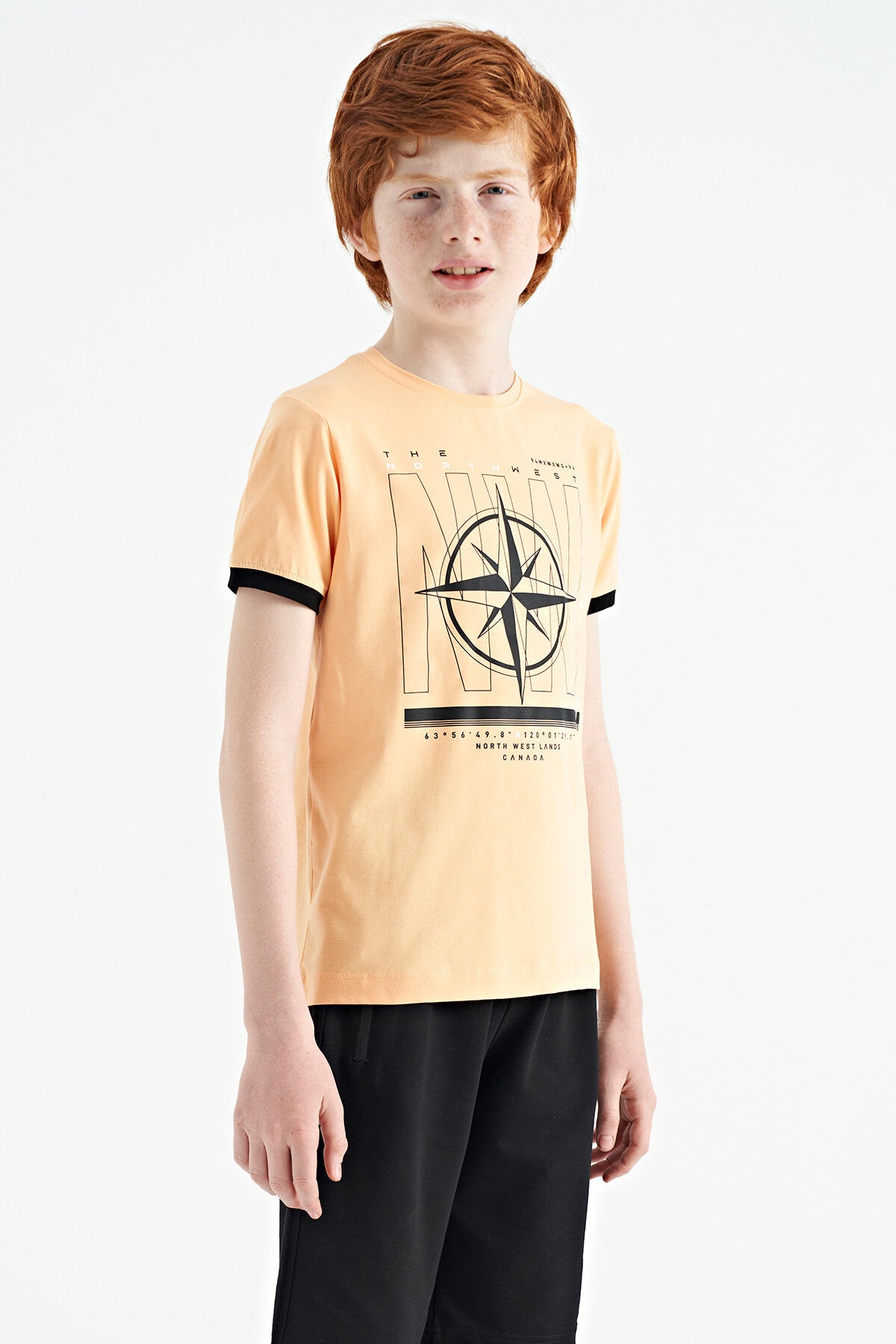 Melon Inner Compass Printed Standard Mold O Collar Boys T-Shirt - 11106
