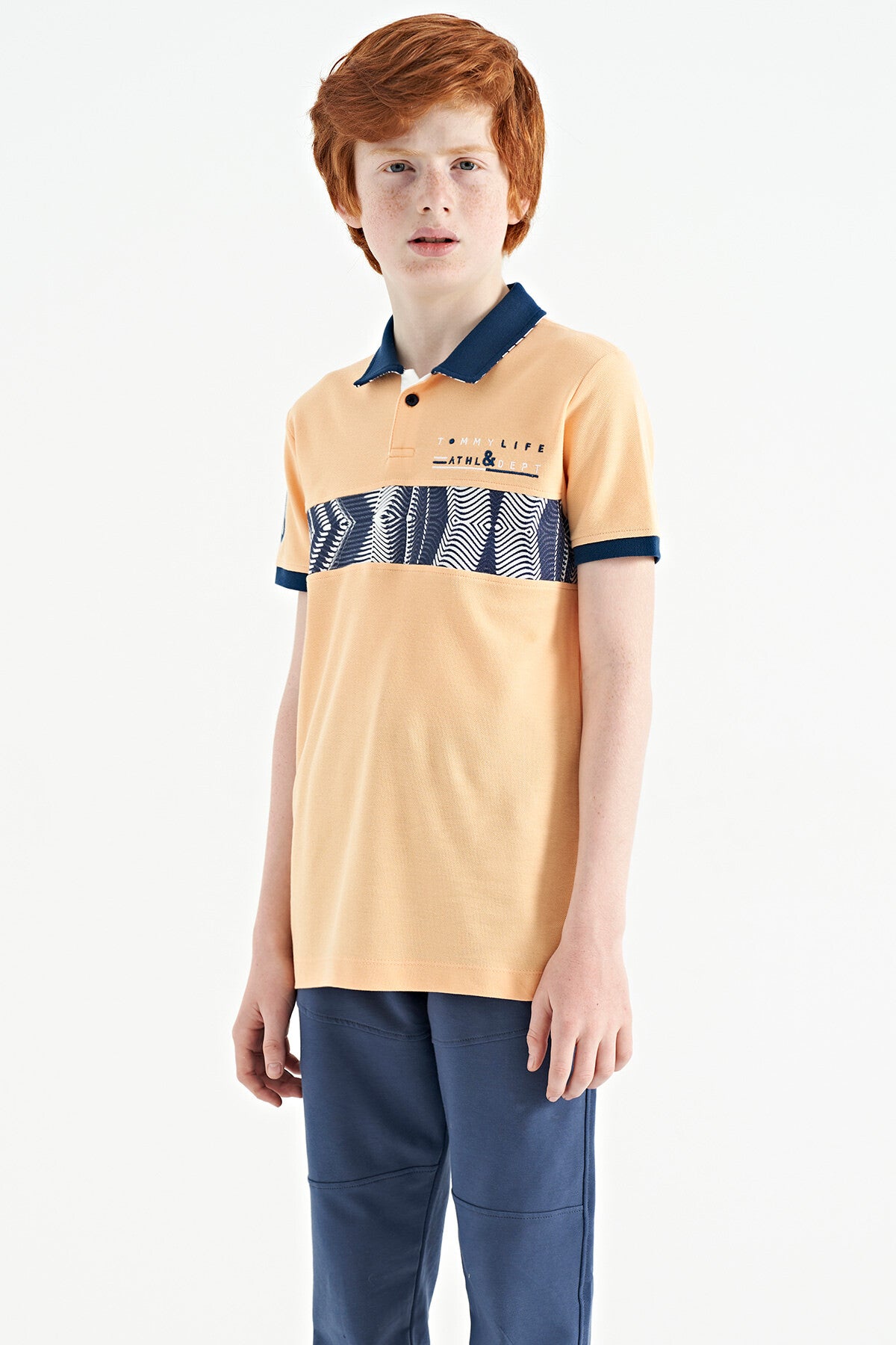 Melon Inner Striped Print Detailed Polo Collar Standard Cut Boys T-Shirt - 11162