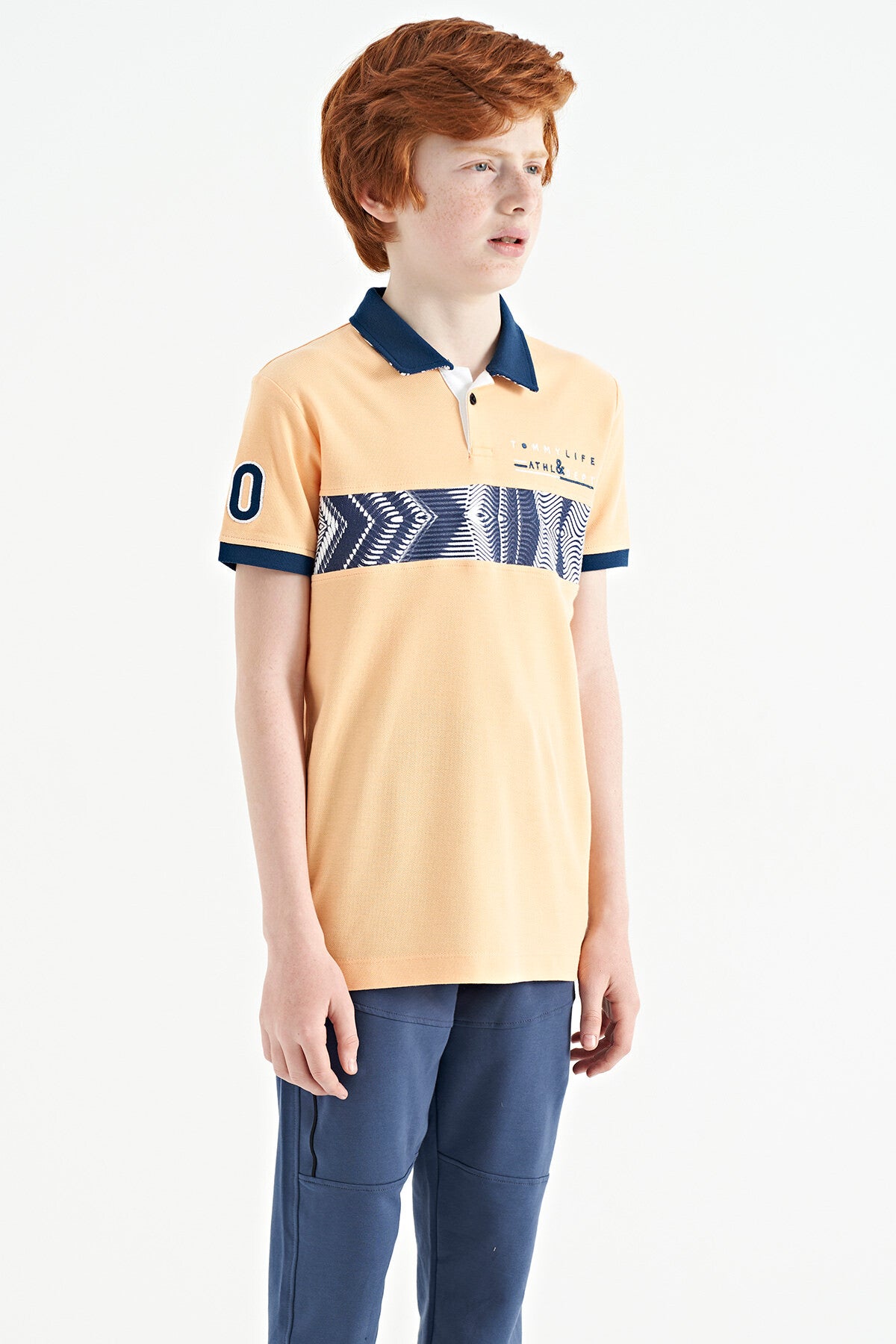 Melon Inner Striped Print Detailed Polo Collar Standard Cut Boys T-Shirt - 11162