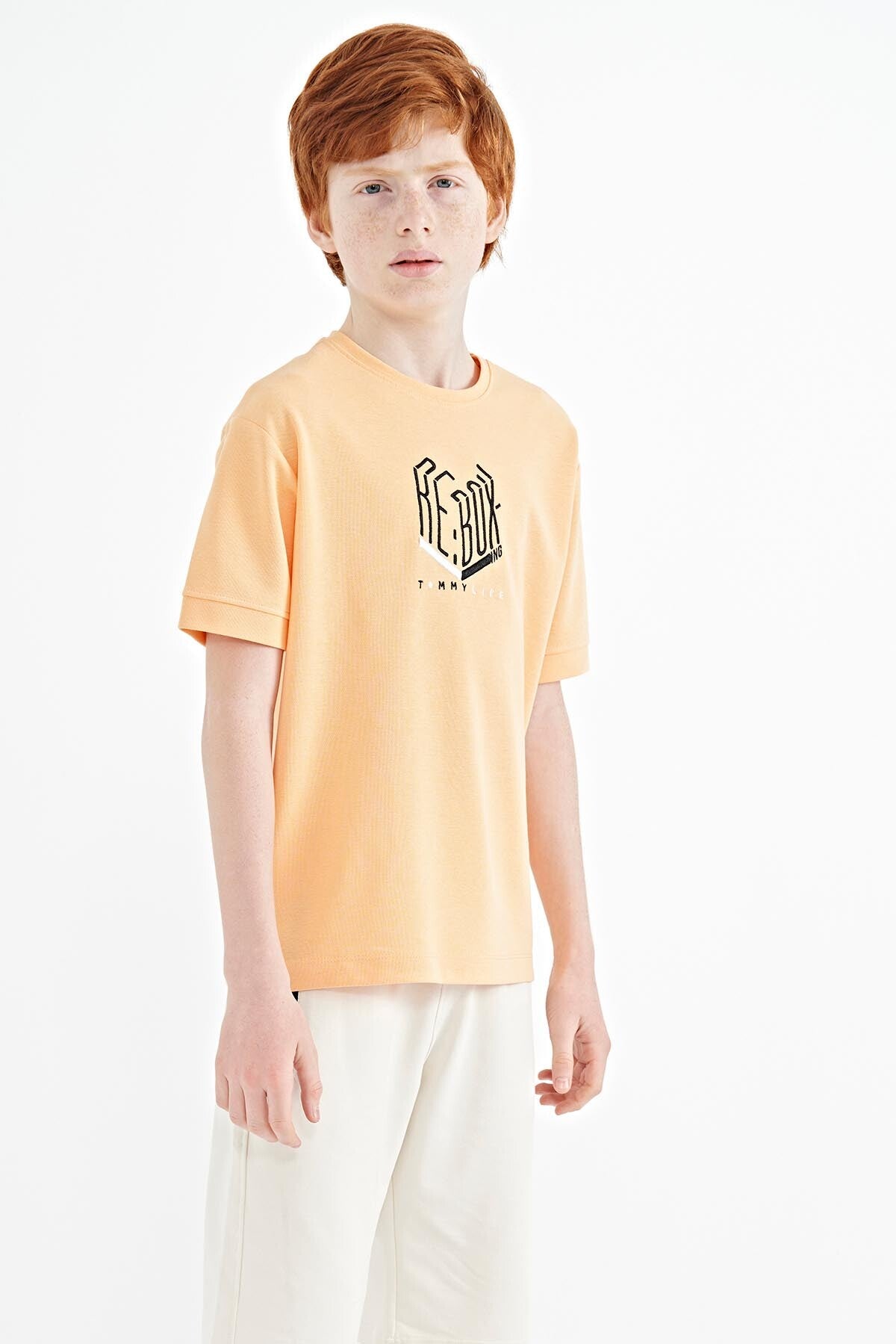 Melon Inside Letter Embroidered O Collar Oversize Boys T-Shirt - 11151