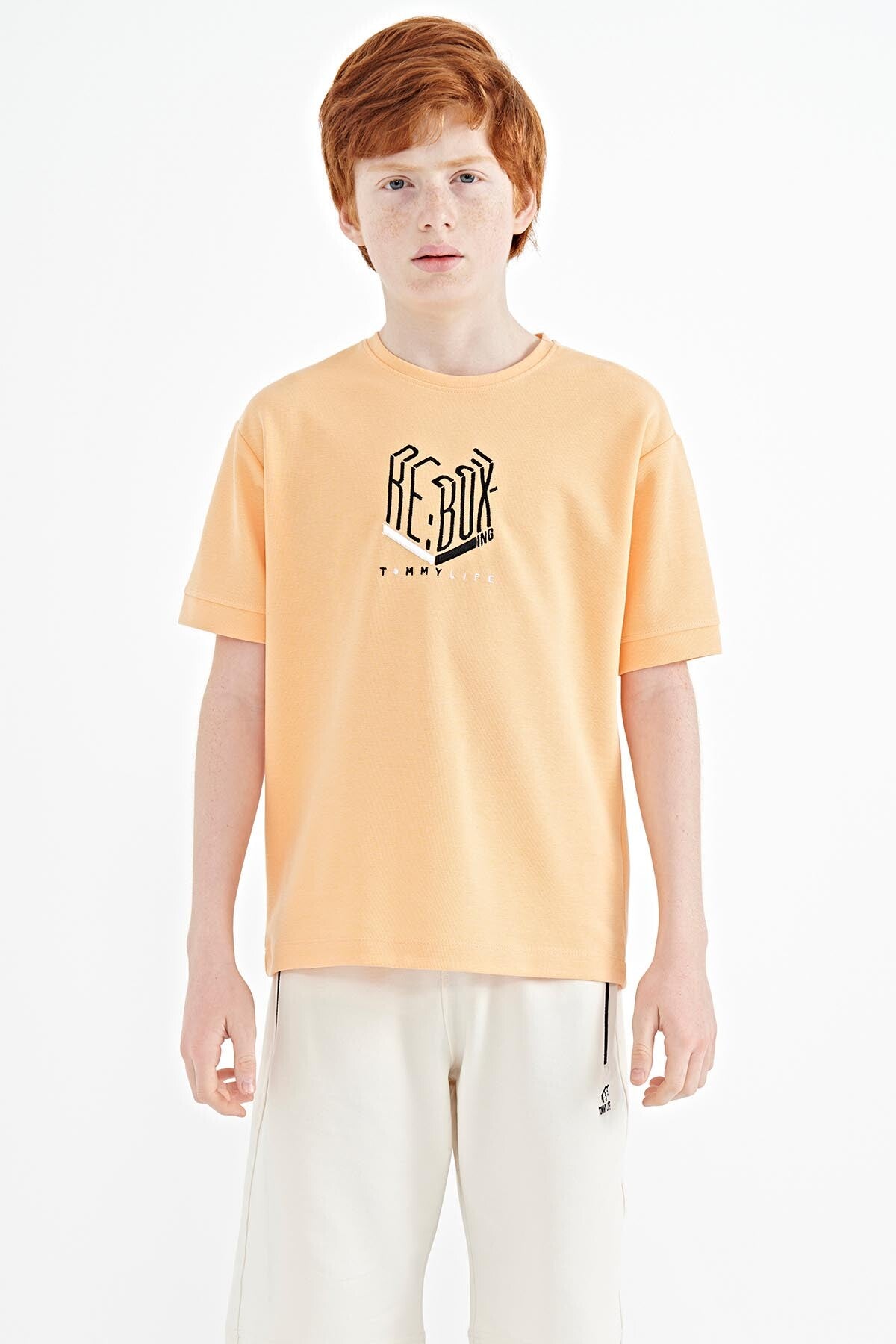 Melon Inside Letter Embroidered O Collar Oversize Boys T-Shirt - 11151