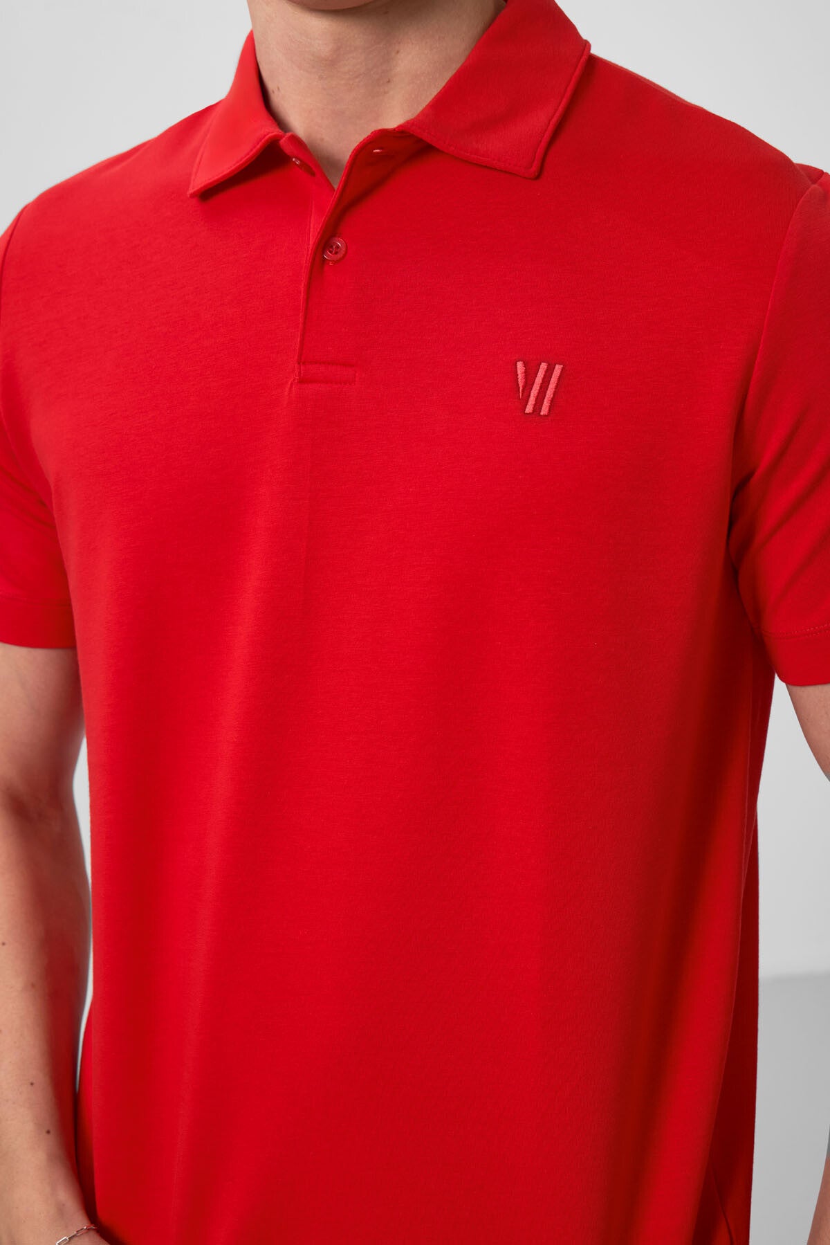 Red Basic Chest Logo Standard Fit Knitted Polo Collar Men's T-Shirt - 87768