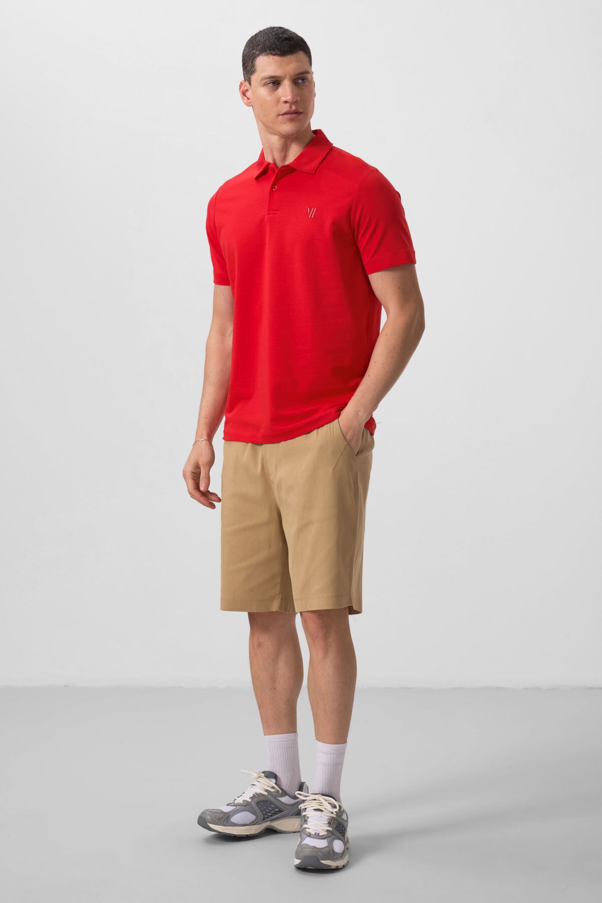Red Basic Chest Logo Standard Fit Knitted Polo Collar Men's T-Shirt - 87768