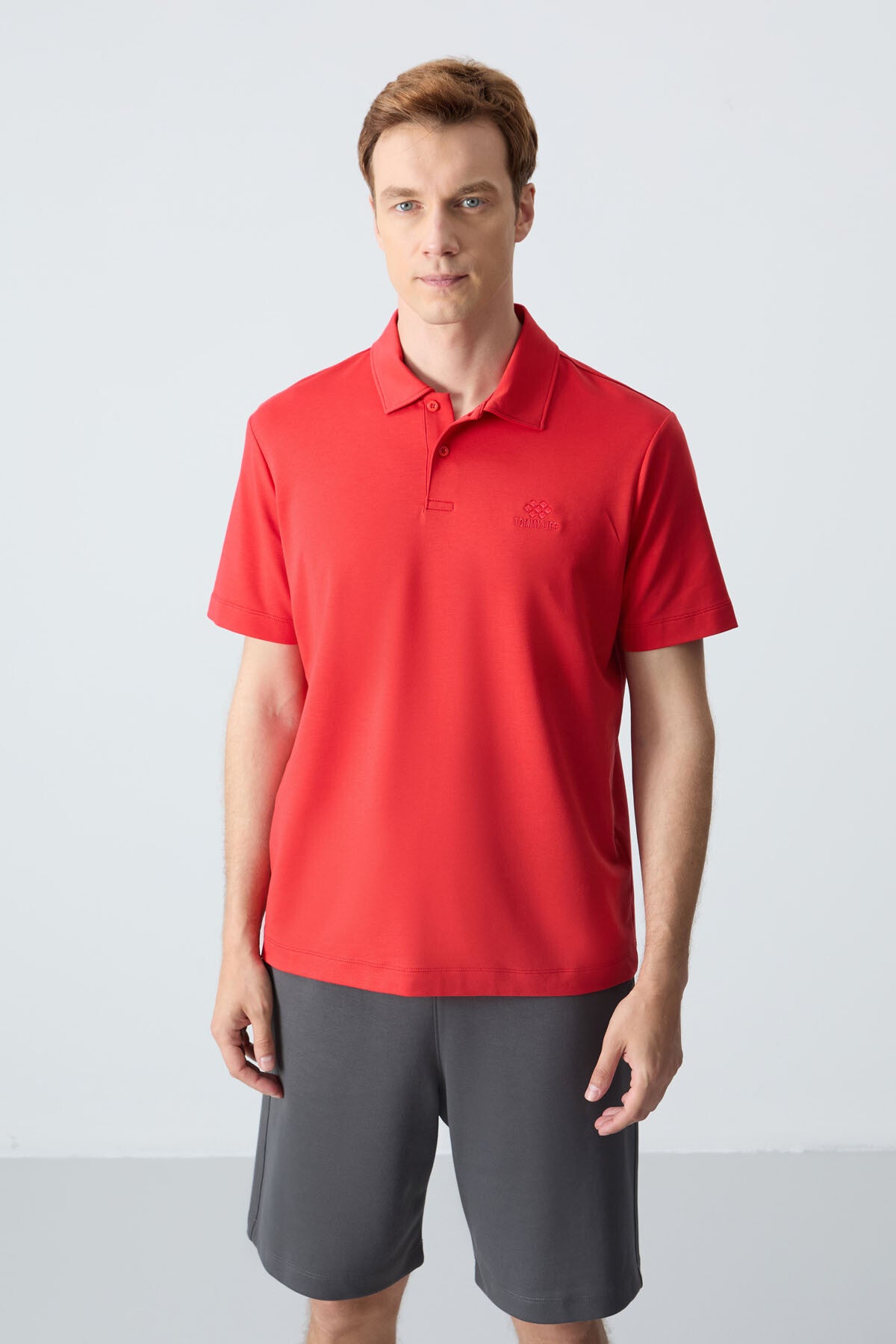 Red Basic Logo Standard Fit Knitted Polo Collar Men's T-Shirt - 87748